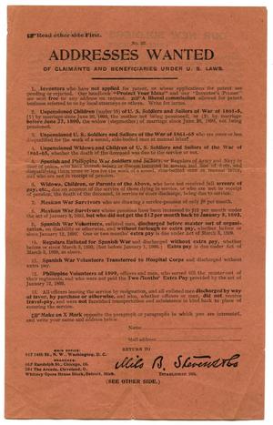 Primary view of object titled '[Addresses Wanted of Claimants and Beneficiaries Under U.S. Laws]'.