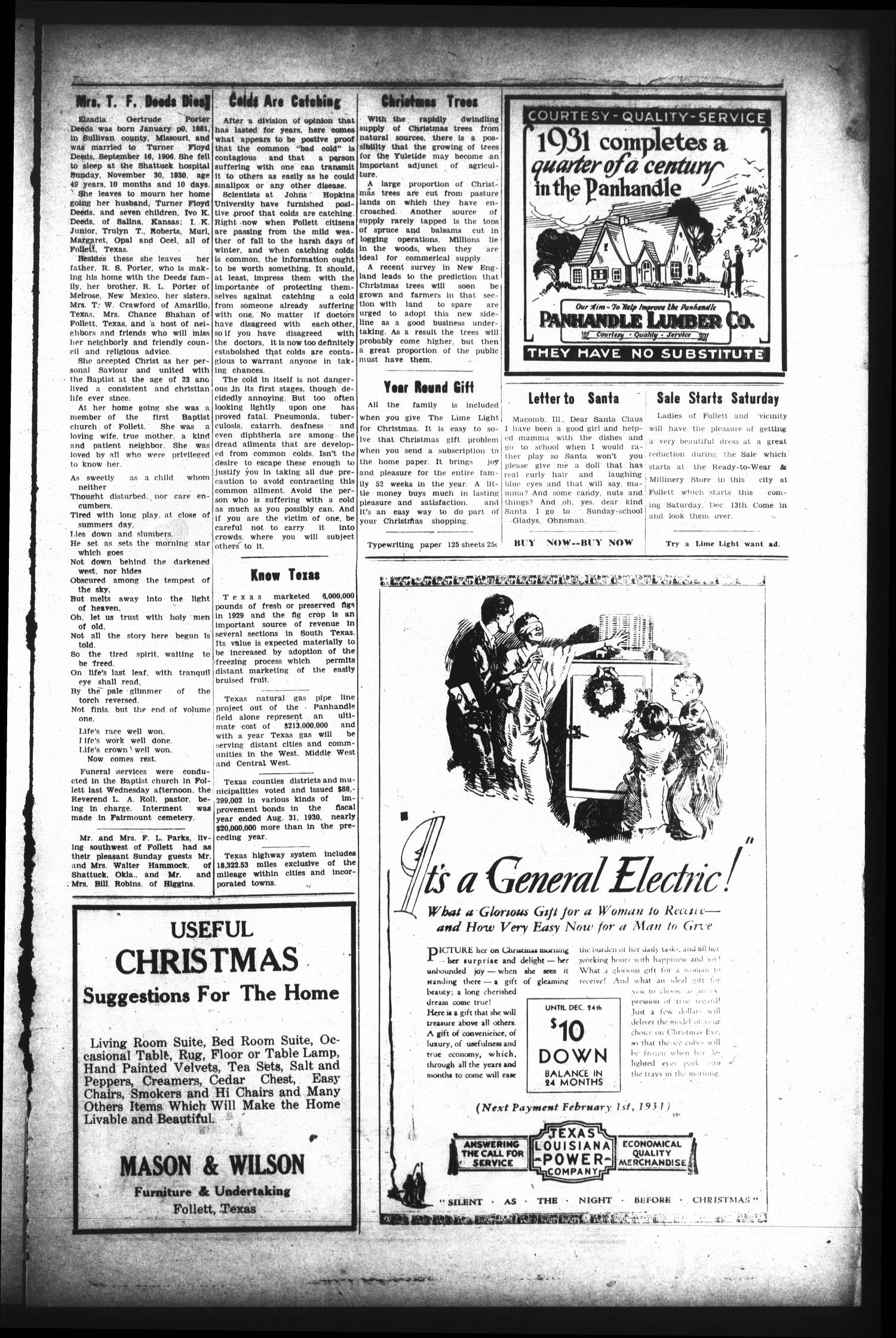 Lipscomb Lime Light and the Follett Times (Follett, Tex.), Vol. 19, No. 4, Ed. 1 Thursday, December 11, 1930
                                                
                                                    [Sequence #]: 3 of 8
                                                