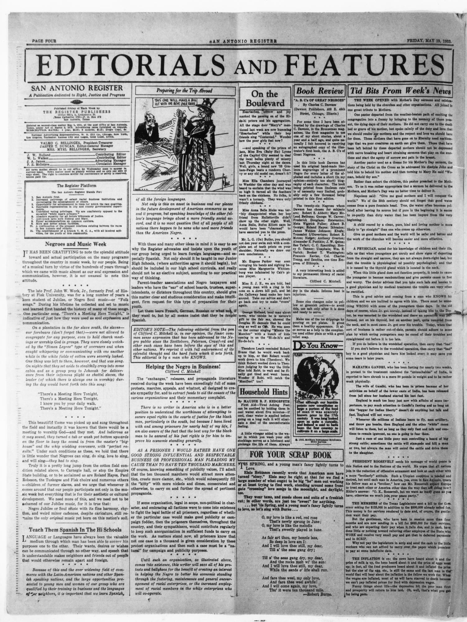 San Antonio Register (San Antonio, Tex.), Vol. 3, No. 7, Ed. 1 Friday, May 19, 1933
                                                
                                                    [Sequence #]: 4 of 8
                                                