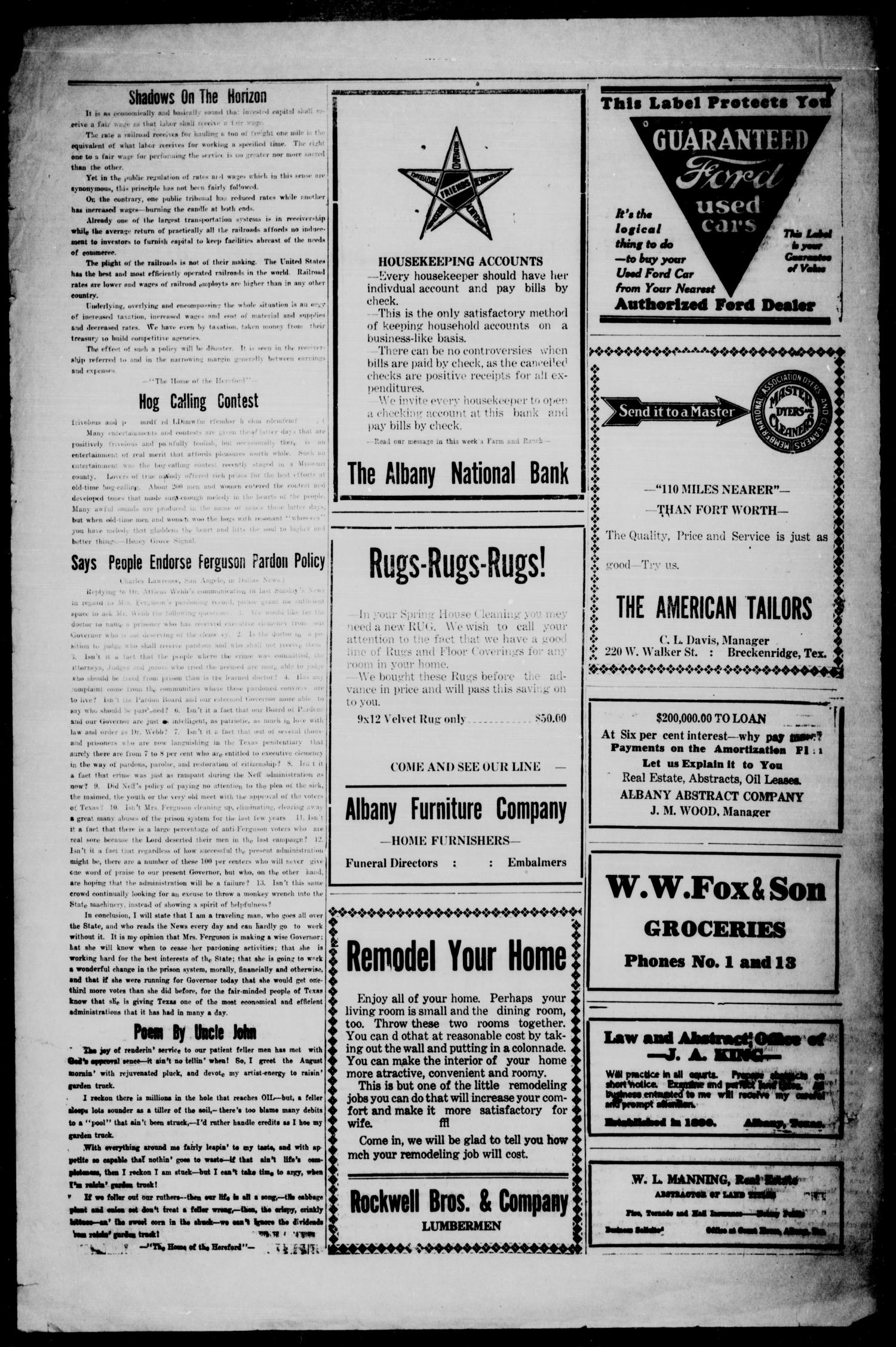 The Albany News (Albany, Tex.), Vol. 41, No. [42], Ed. 1 Friday, May 15, 1925
                                                
                                                    [Sequence #]: 4 of 6
                                                