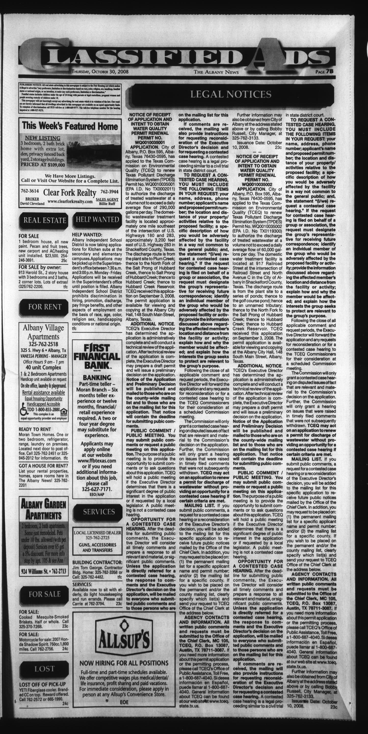 The Albany News (Albany, Tex.), Vol. 133, No. 23, Ed. 1 Thursday, October 30, 2008
                                                
                                                    [Sequence #]: 17 of 18
                                                