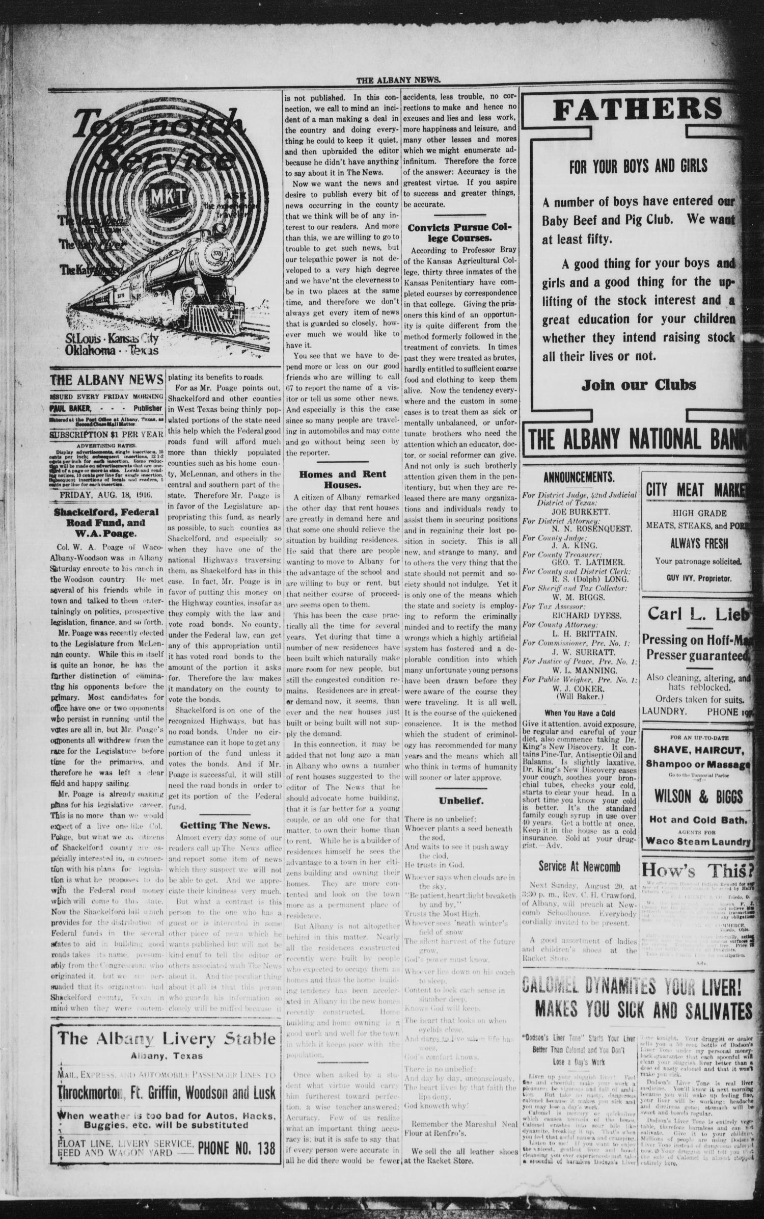 The Albany News (Albany, Tex.), Vol. 33, No. 11, Ed. 1 Friday, August 18, 1916
                                                
                                                    [Sequence #]: 2 of 6
                                                