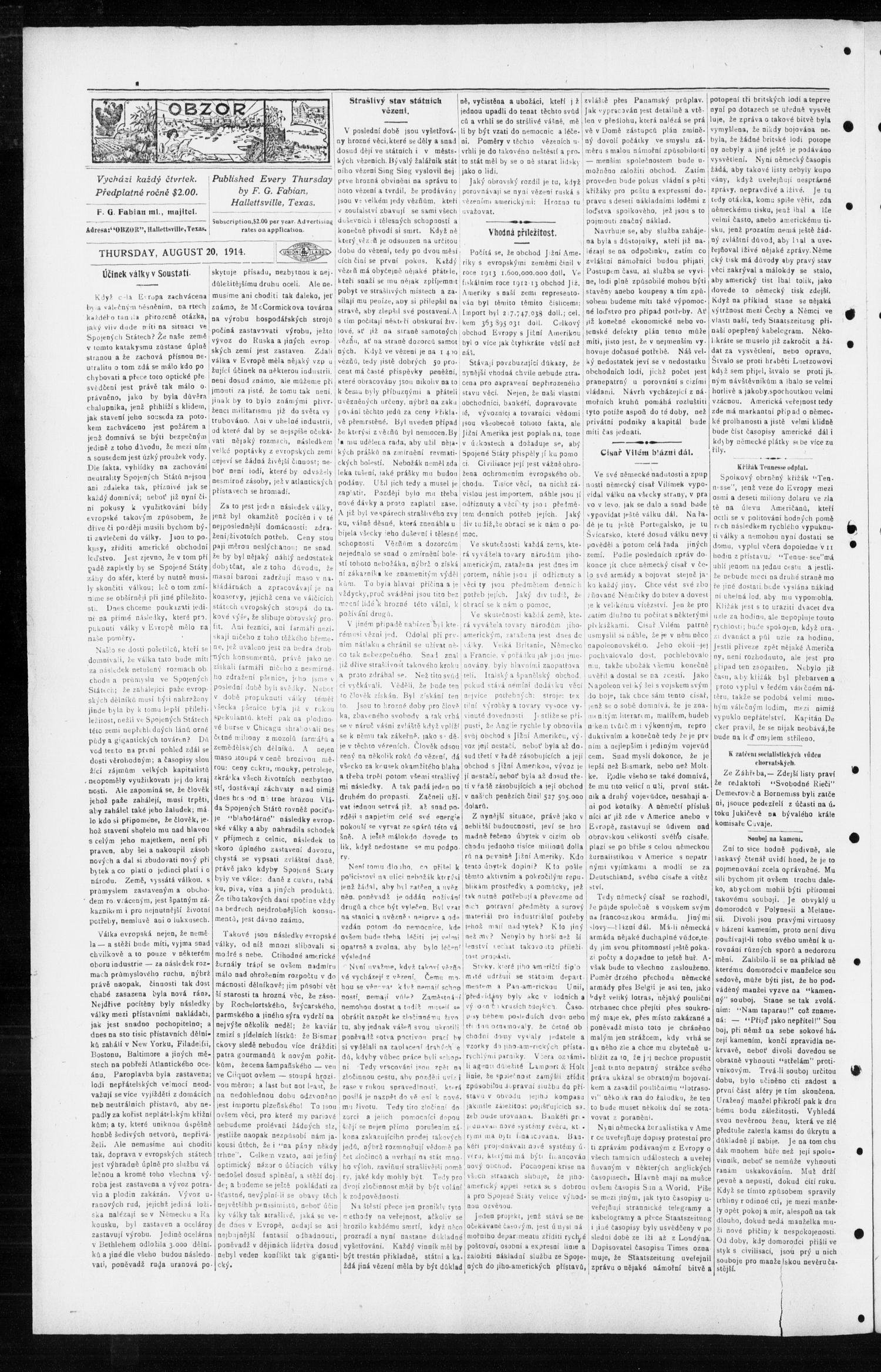 Obzor (Hallettsville, Tex.), Vol. 24, No. 1, Ed. 1 Thursday, August 20, 1914
                                                
                                                    [Sequence #]: 4 of 8
                                                
