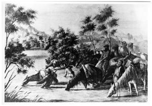 Primary view of object titled '[Riders, horses, and camels at a watering hole in Texas]'.