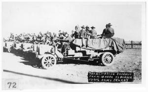 Primary view of object titled 'Transporting soldiers from Marfa to border by US Army trucks'.