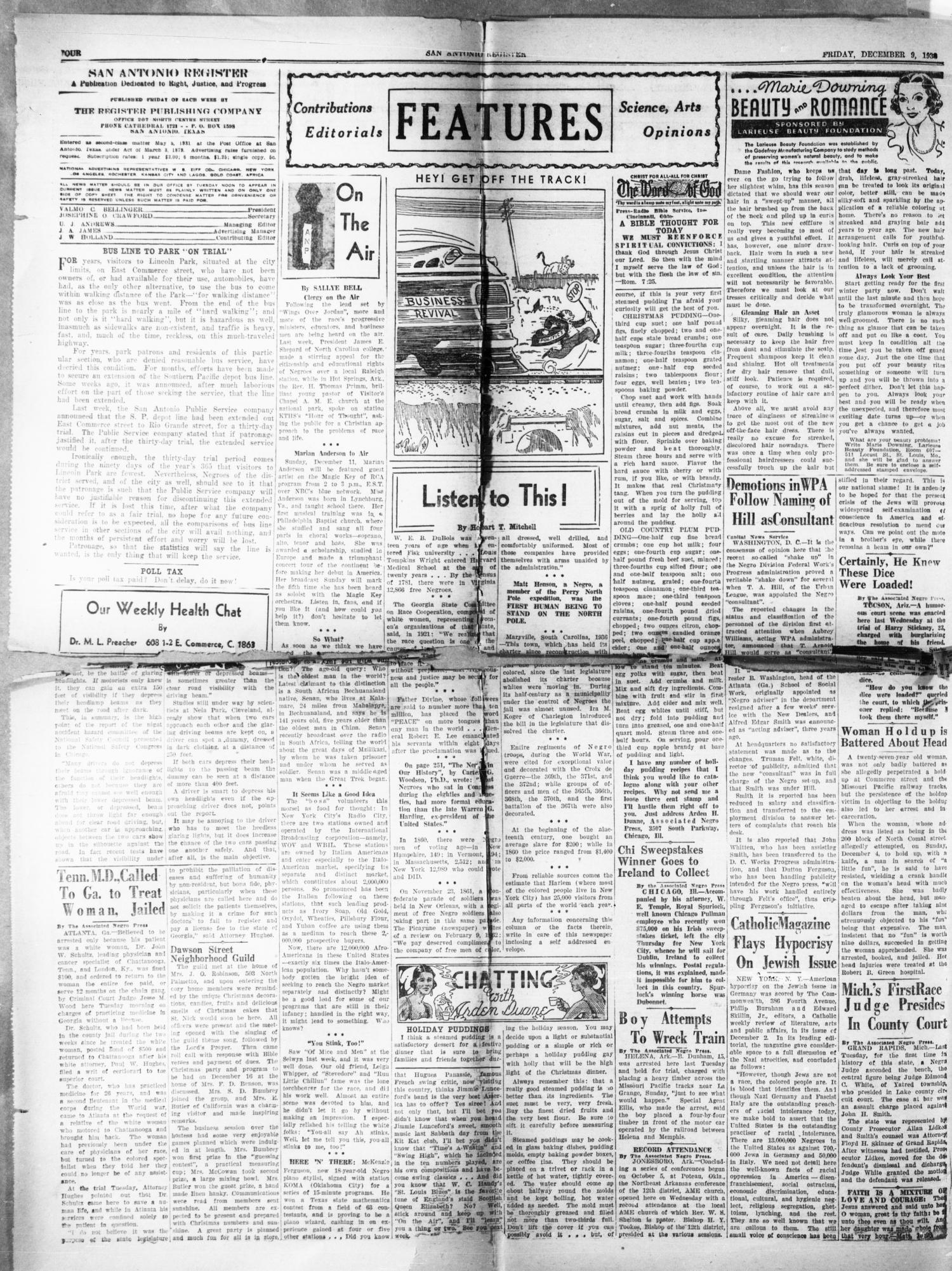 San Antonio Register (San Antonio, Tex.), Vol. 8, No. 36, Ed. 1 Friday, December 9, 1938
                                                
                                                    [Sequence #]: 4 of 8
                                                