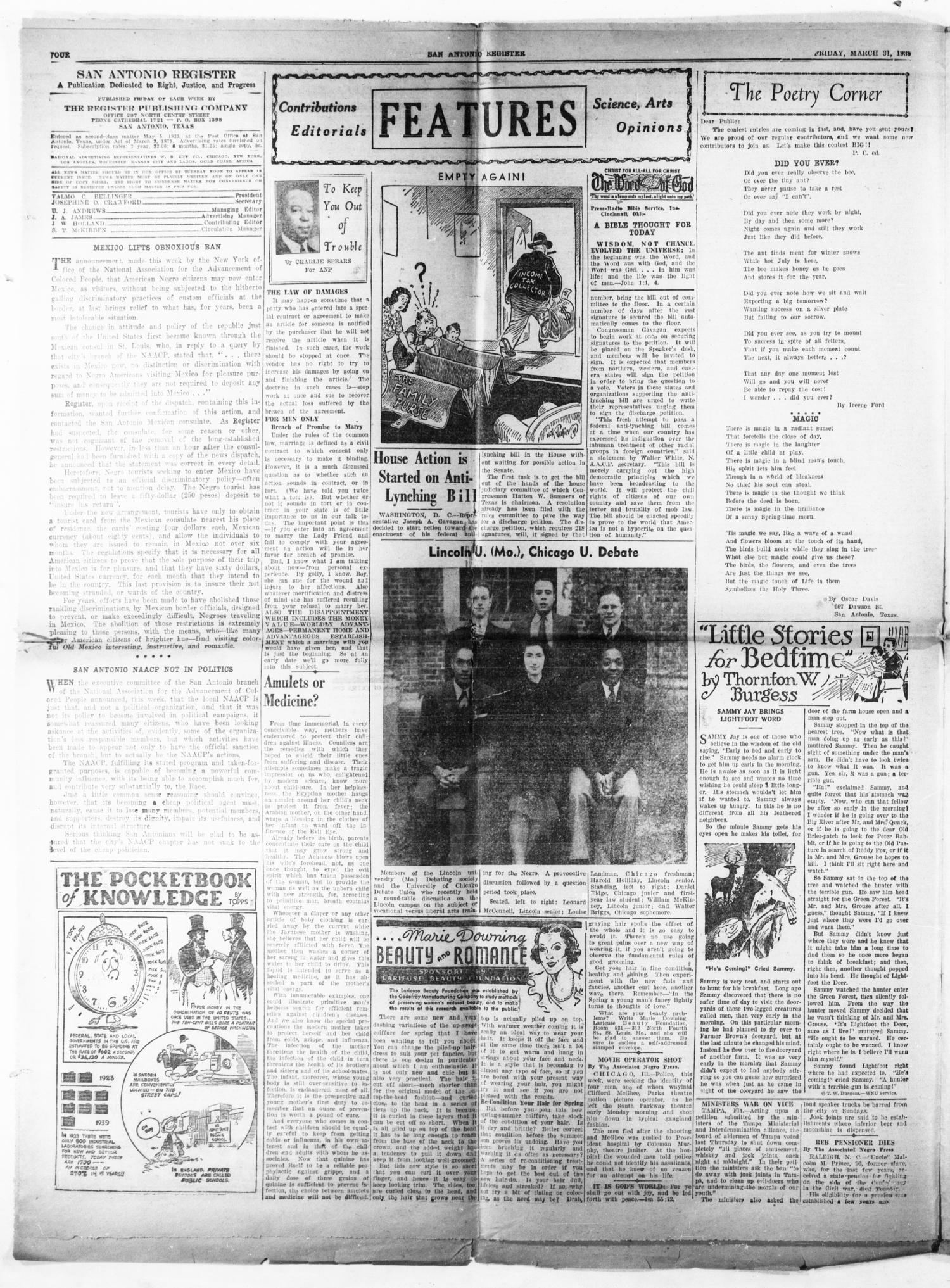 San Antonio Register (San Antonio, Tex.), Vol. 8, No. 52, Ed. 1 Friday, March 31, 1939
                                                
                                                    [Sequence #]: 4 of 8
                                                