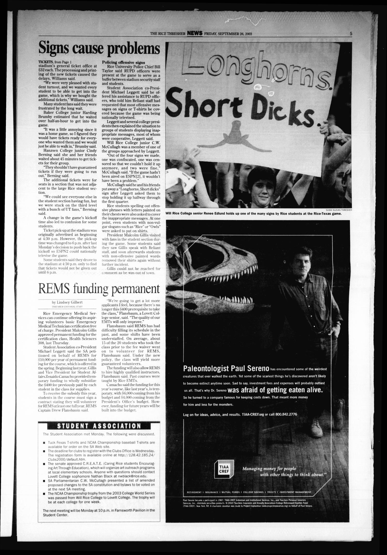 The Rice Thresher, Vol. 91, No. 6, Ed. 1 Friday, September 26, 2003
                                                
                                                    [Sequence #]: 5 of 20
                                                