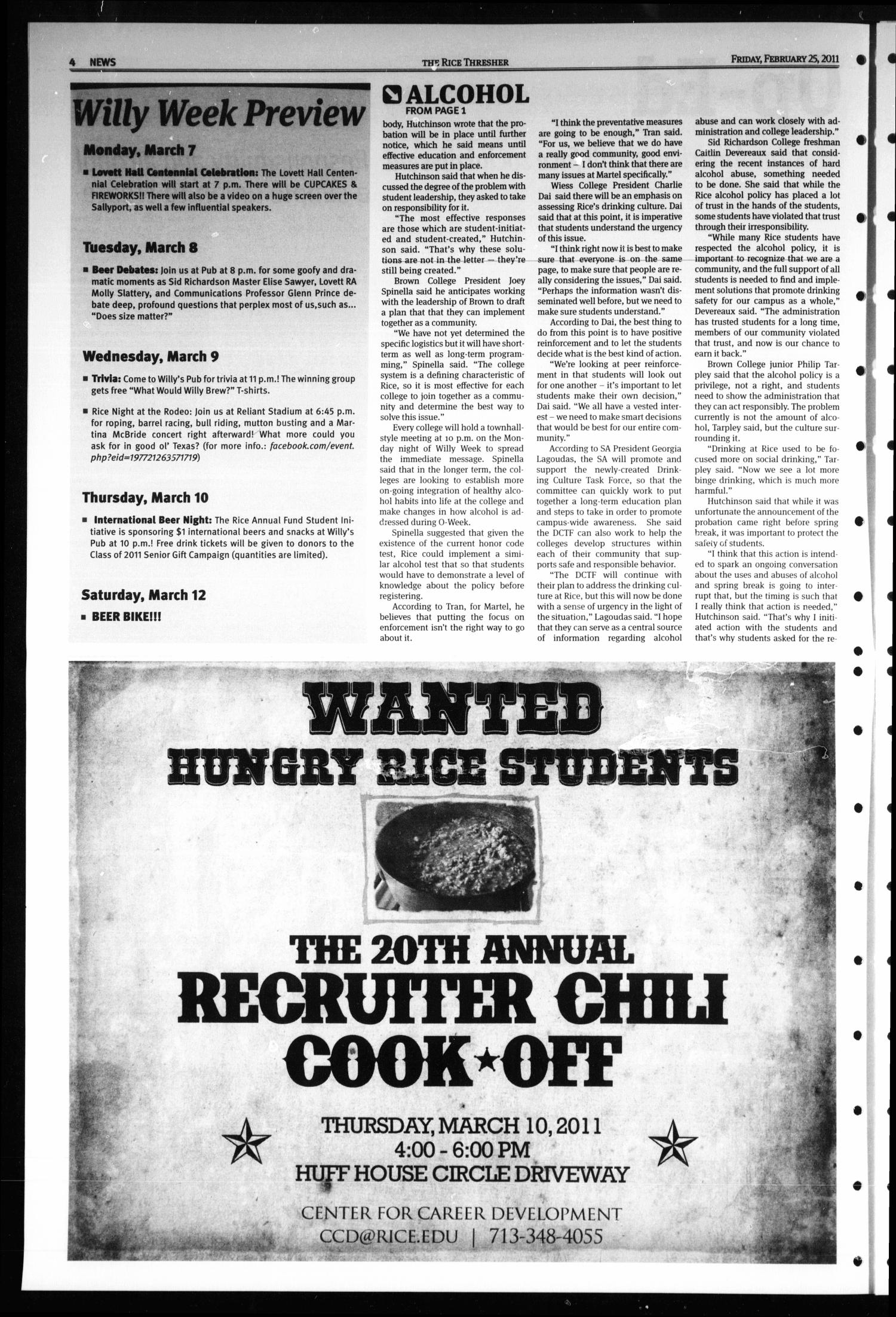 The Rice Thresher, Vol. 98, No. 21, Ed. 1 Friday, February 25, 2011
                                                
                                                    [Sequence #]: 4 of 16
                                                