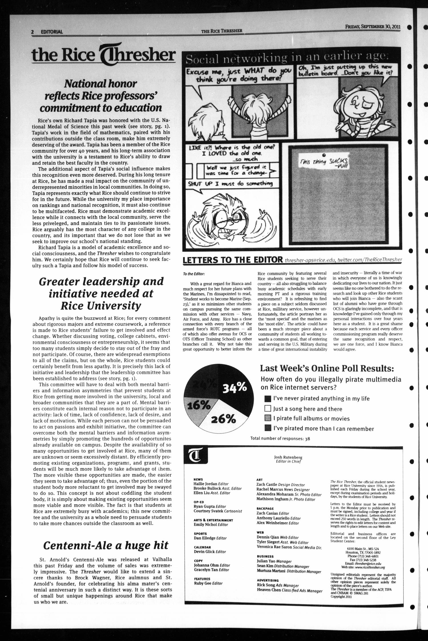 The Rice Thresher, Vol. 99, No. 7, Ed. 1 Friday, September 30, 2011
                                                
                                                    [Sequence #]: 2 of 16
                                                