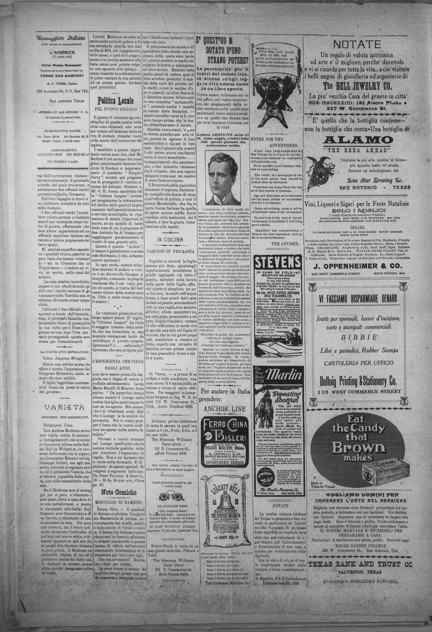 Il Messaggiero Italiano (San Antonio, Tex.), Vol. 22, No. 48, Ed. 1 Saturday, August 3, 1912
                                                
                                                    [Sequence #]: 2 of 4
                                                