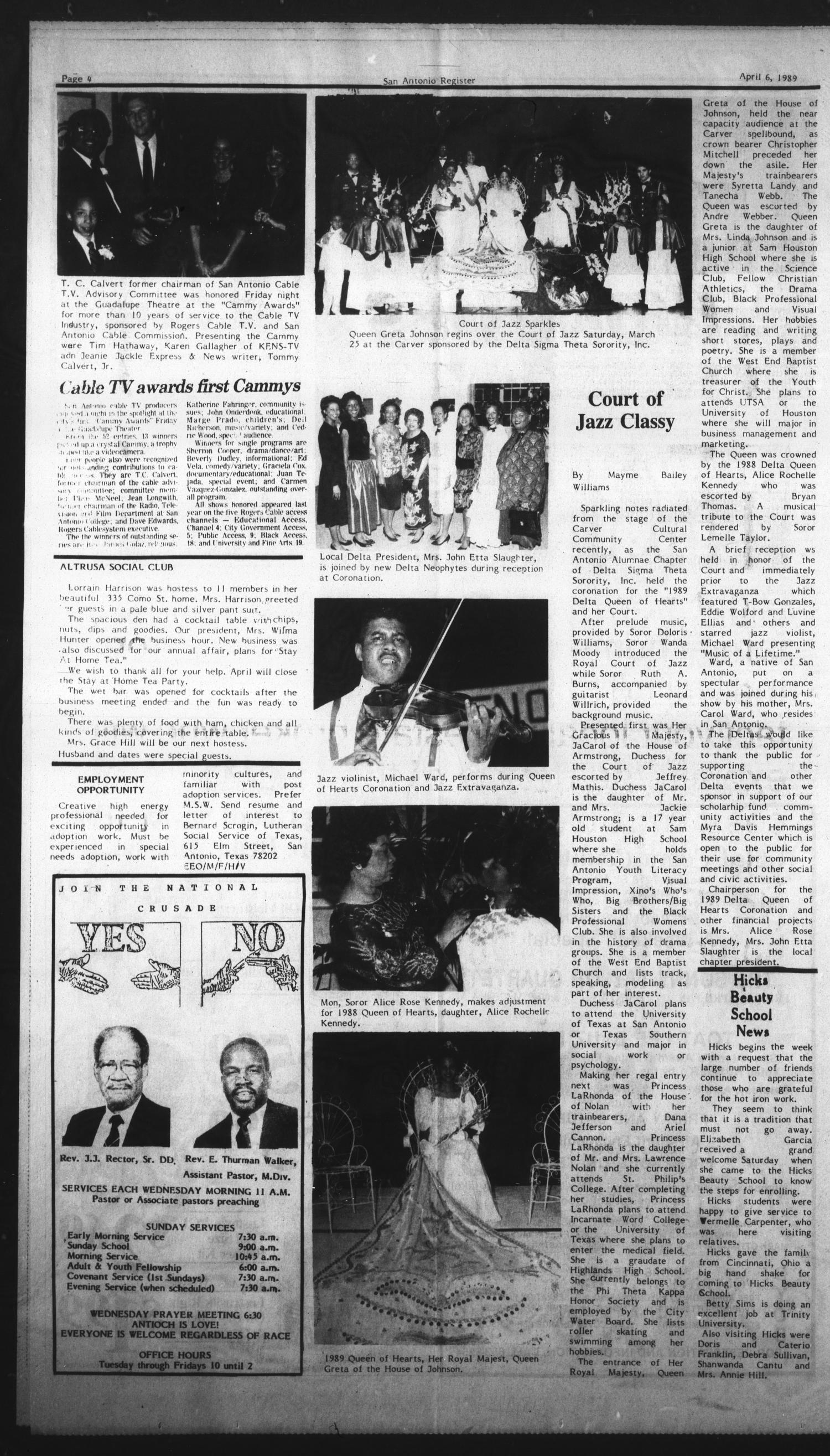 San Antonio Register (San Antonio, Tex.), Vol. 57, No. 52, Ed. 1 Thursday, April 6, 1989
                                                
                                                    [Sequence #]: 4 of 10
                                                