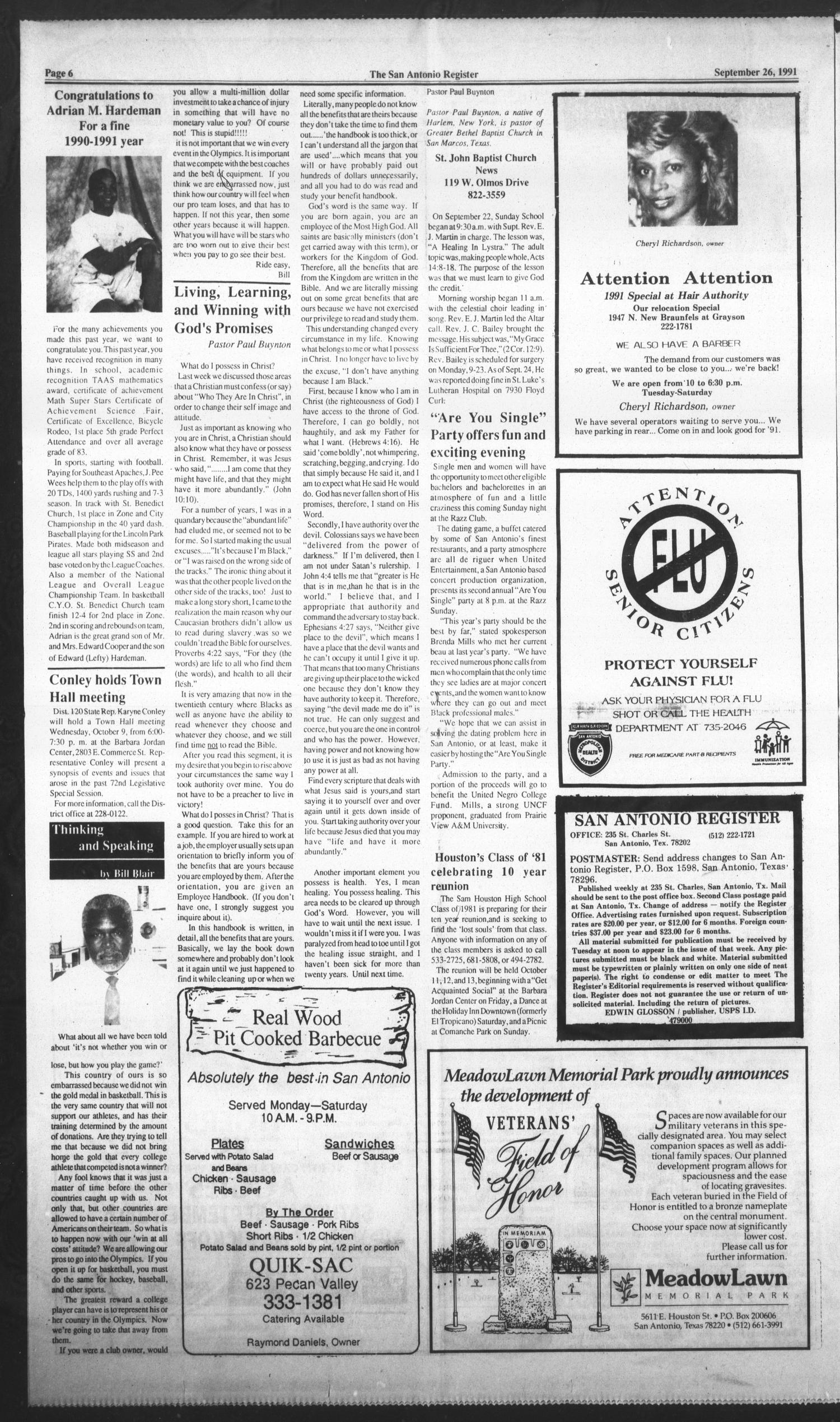 San Antonio Register (San Antonio, Tex.), Vol. 60, No. 24, Ed. 1 Thursday, September 26, 1991
                                                
                                                    [Sequence #]: 6 of 10
                                                