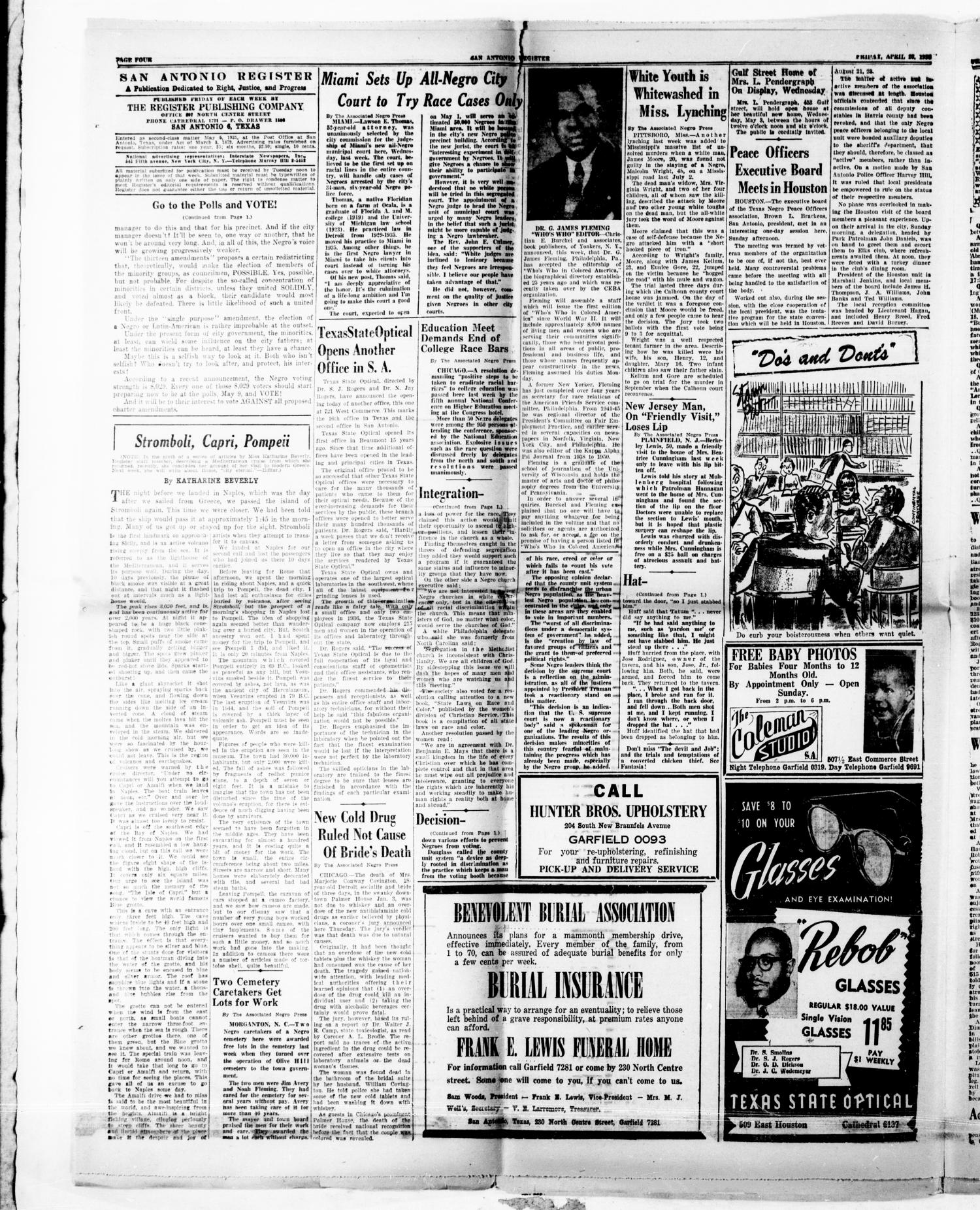 San Antonio Register (San Antonio, Tex.), Vol. 20, No. 15, Ed. 1 Friday, April 28, 1950
                                                
                                                    [Sequence #]: 4 of 8
                                                