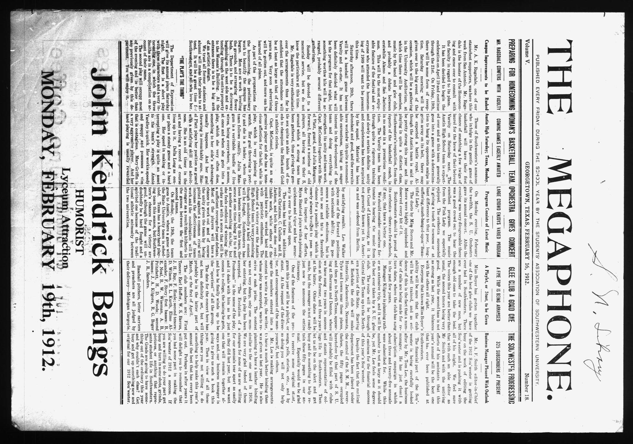 The Megaphone (Georgetown, Tex.), Vol. 5, No. 18, Ed. 1 Friday, February 16, 1912
                                                
                                                    [Sequence #]: 1 of 4
                                                