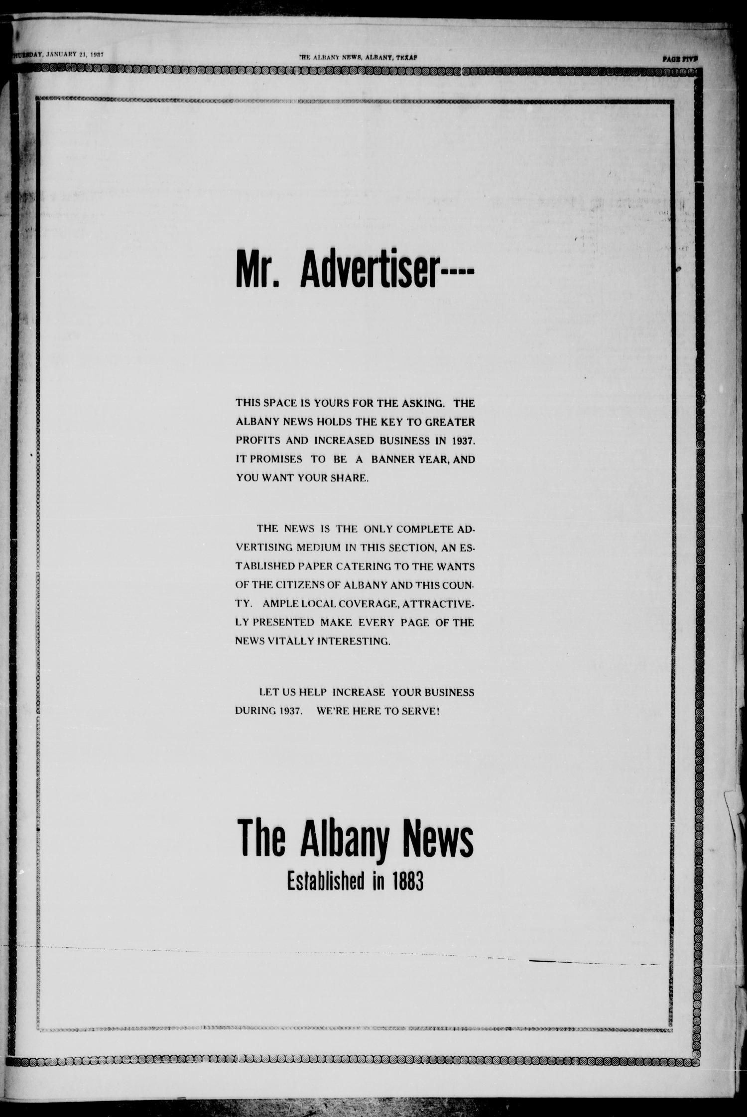 The Albany News (Albany, Tex.), Vol. 52, No. 16, Ed. 1 Thursday, January 21, 1937
                                                
                                                    [Sequence #]: 5 of 8
                                                