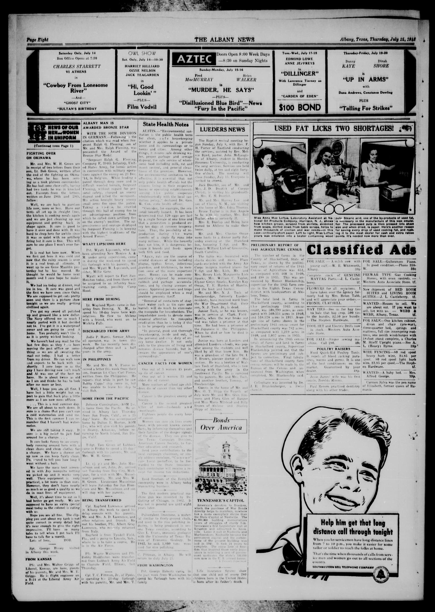 The Albany News (Albany, Tex.), Vol. 61, No. 39, Ed. 1 Thursday, July 12, 1945
                                                
                                                    [Sequence #]: 8 of 8
                                                