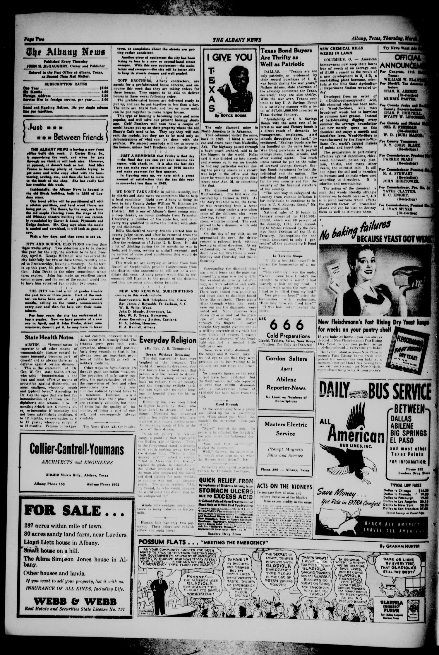 The Albany News (Albany, Tex.), Vol. 62, No. 22, Ed. 1 Thursday, March 14, 1946
                                                
                                                    [Sequence #]: 2 of 8
                                                