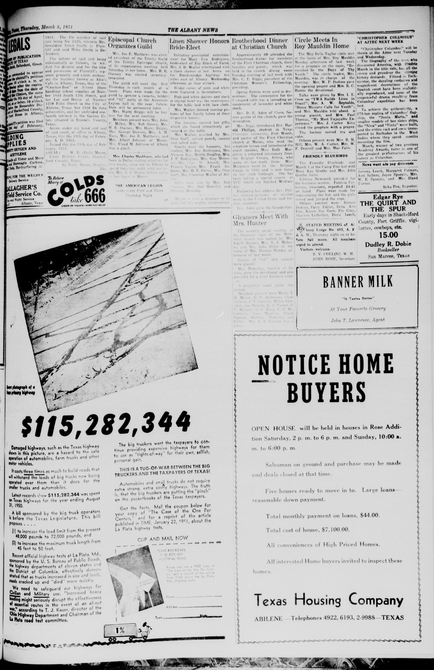 The Albany News (Albany, Tex.), Vol. 67, No. 23, Ed. 1 Thursday, March 8, 1951
                                                
                                                    [Sequence #]: 3 of 8
                                                