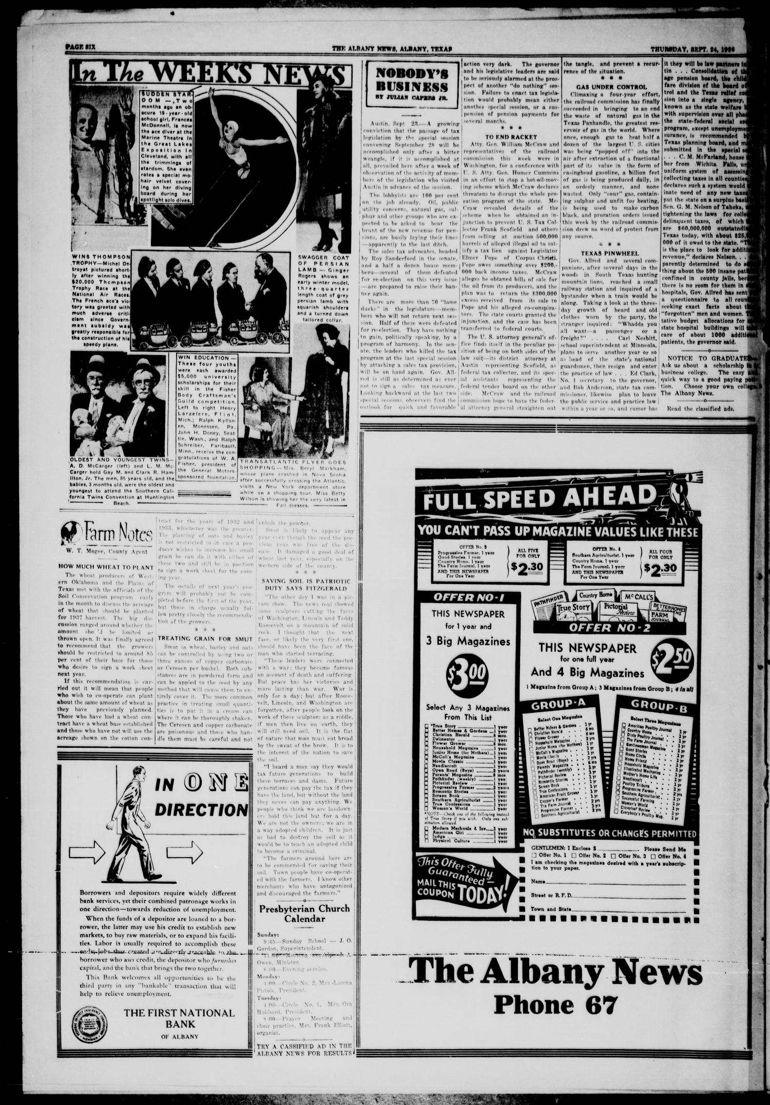 The Albany News (Albany, Tex.), Vol. 51, No. 51, Ed. 1 Thursday, September 24, 1936
                                                
                                                    [Sequence #]: 6 of 8
                                                