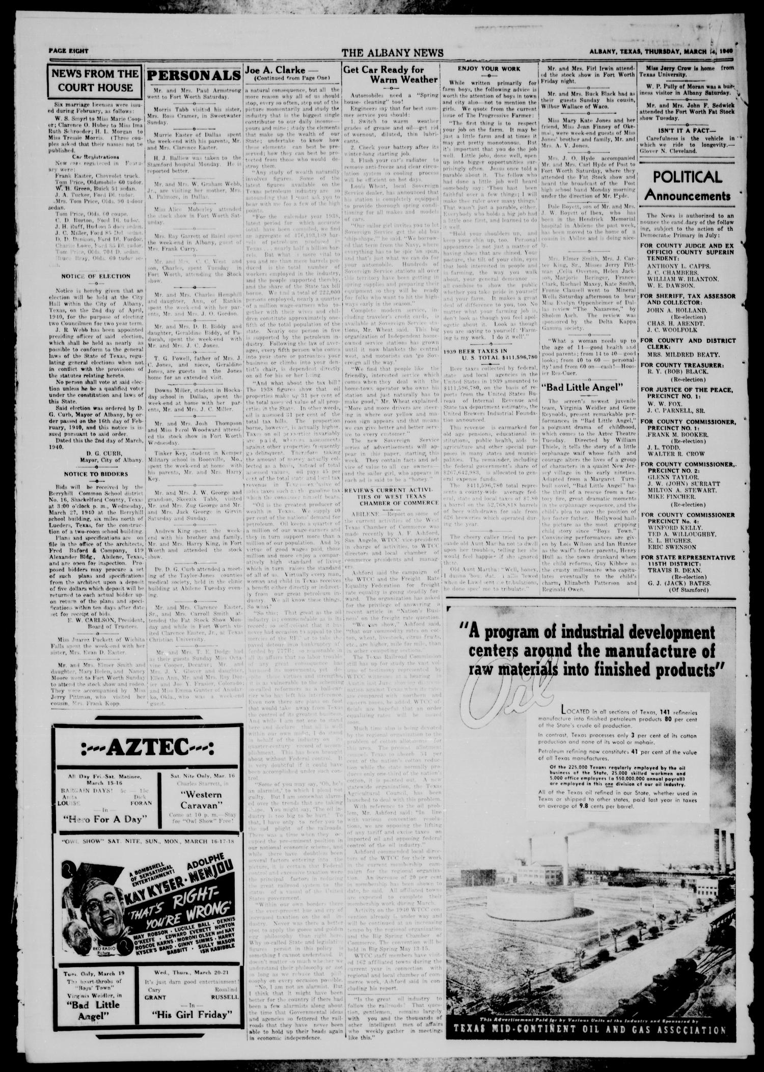 The Albany News (Albany, Tex.), Vol. 55, No. 22, Ed. 1 Thursday, March 14, 1940
                                                
                                                    [Sequence #]: 8 of 8
                                                