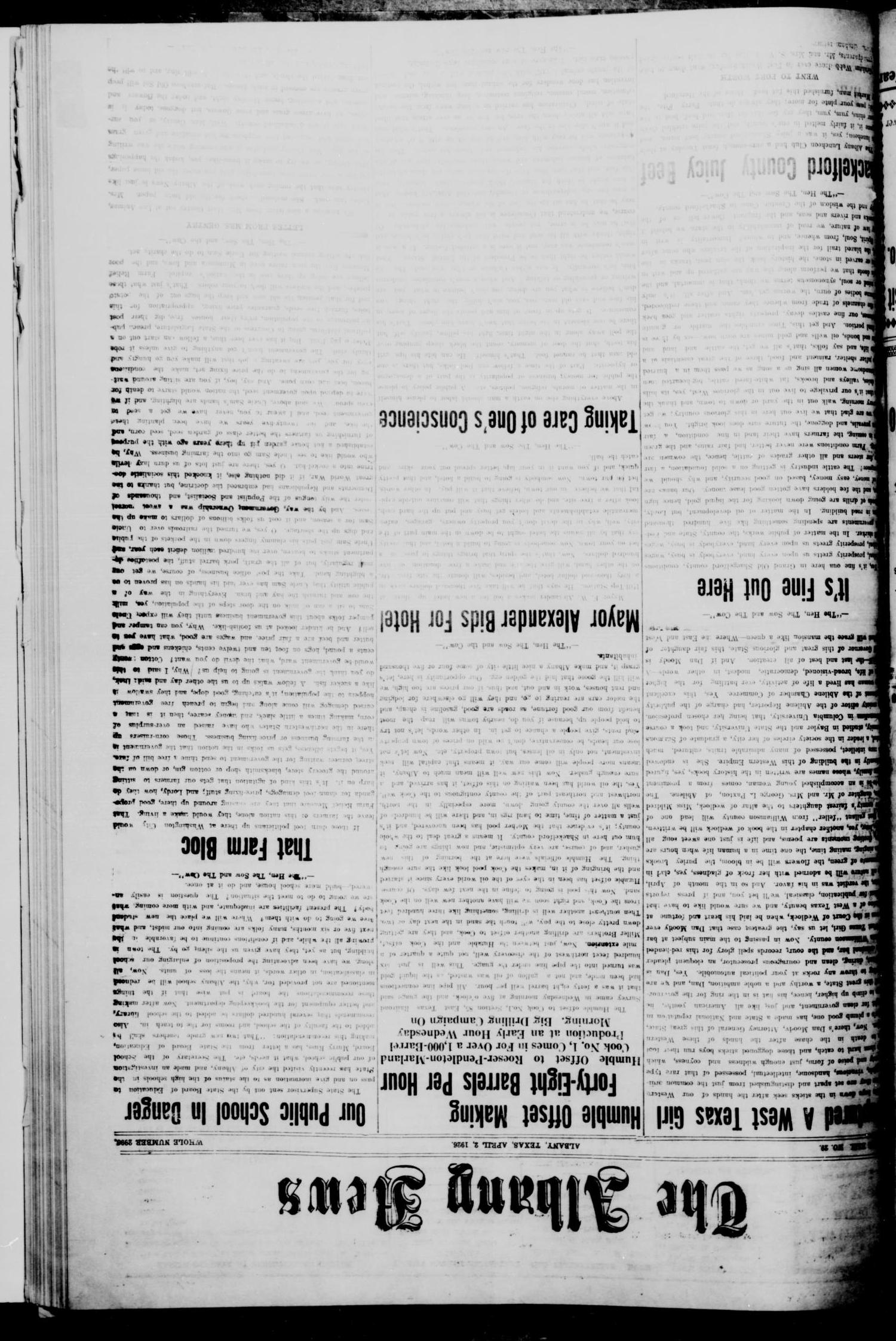 The Albany News (Albany, Tex.), Vol. [42], No. 29, Ed. 1 Friday, April 2, 1926
                                                
                                                    [Sequence #]: 1 of 8
                                                