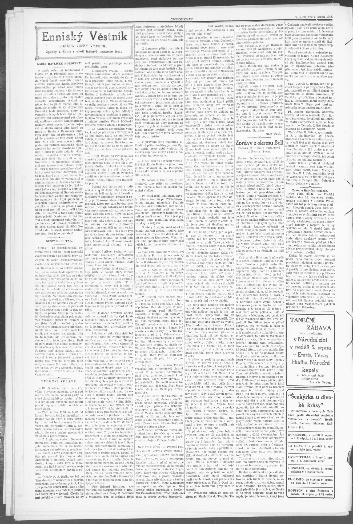 Čechoslovák and Westske Noviny (West, Tex.), Vol. 34, No. 31, Ed. 1 Friday, August 3, 1945
                                                
                                                    [Sequence #]: 2 of 8
                                                