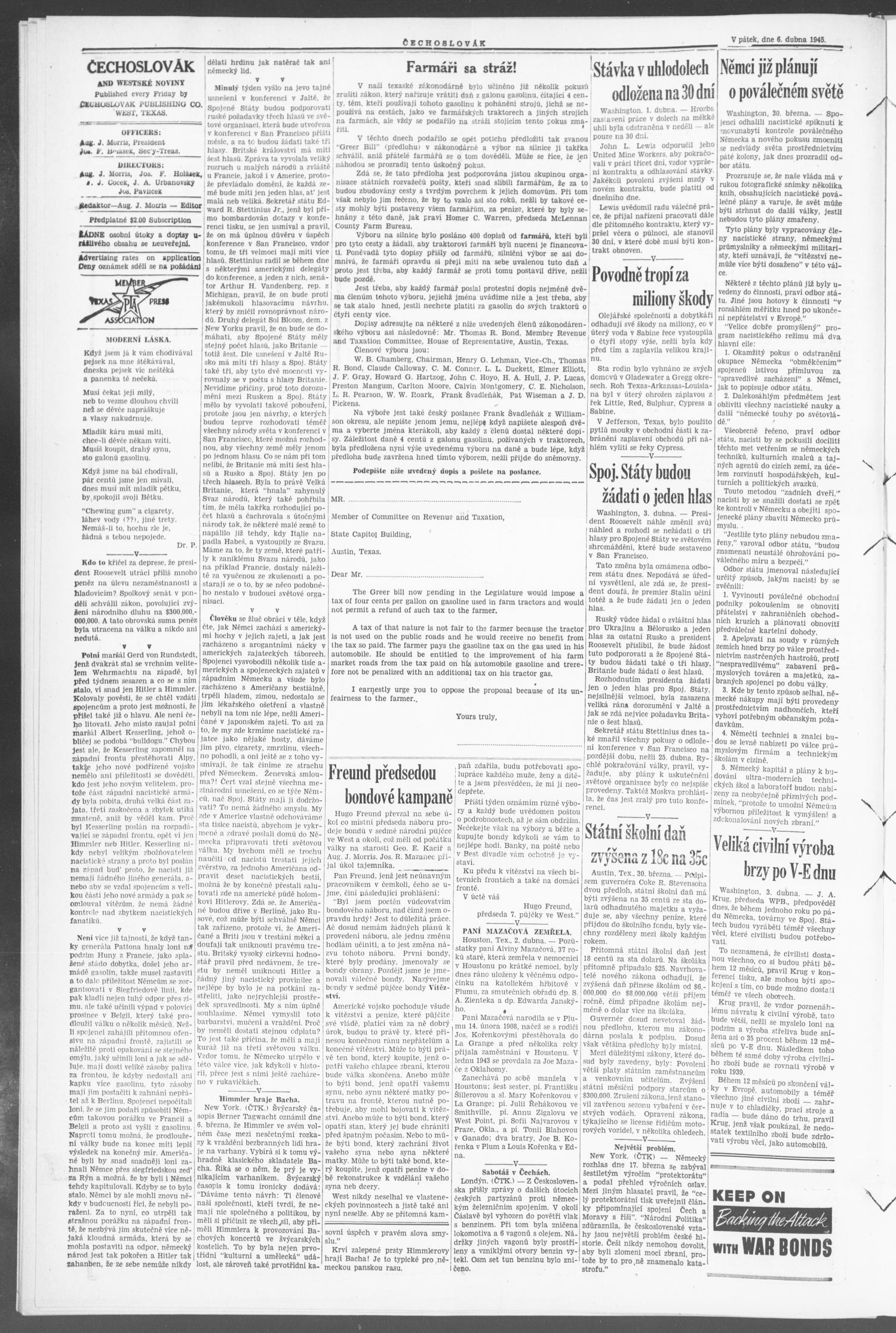 Čechoslovák and Westske Noviny (West, Tex.), Vol. 34, No. 14, Ed. 1 Friday, April 6, 1945
                                                
                                                    [Sequence #]: 4 of 8
                                                