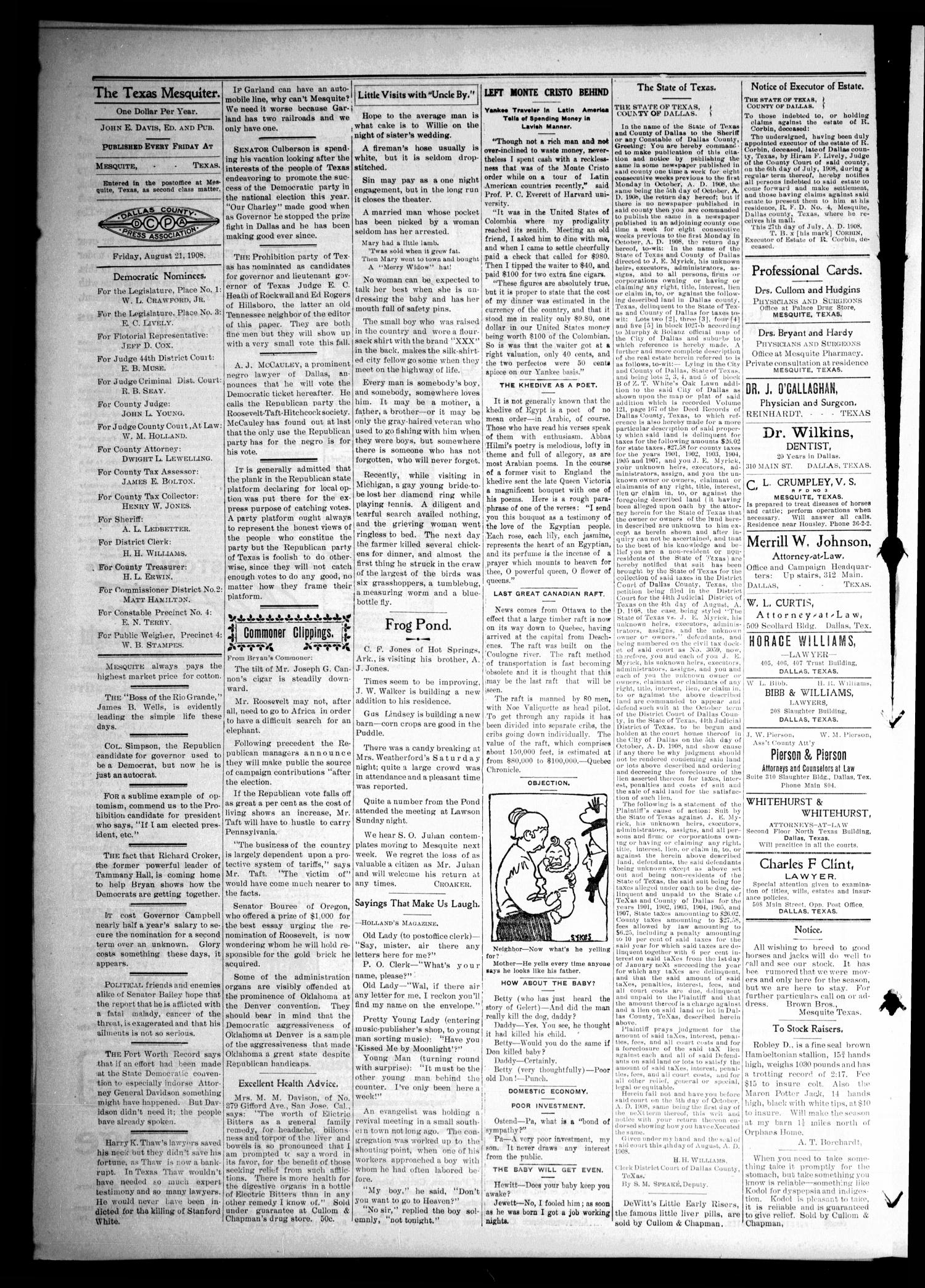The Texas Mesquiter. (Mesquite, Tex.), Vol. 27, No. 8, Ed. 1 Friday, August 21, 1908
                                                
                                                    [Sequence #]: 4 of 8
                                                
