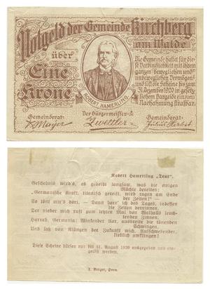 Primary view of object titled '[Voucher from Germany in the denomination of 1 krone/crown]'.
