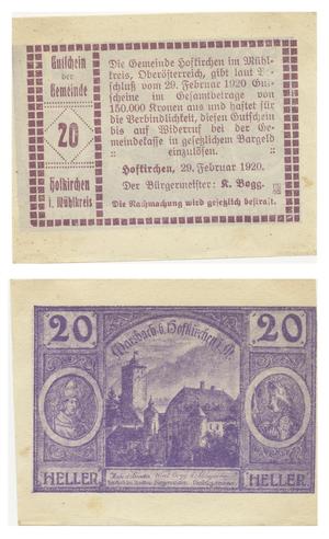 Primary view of object titled '[Voucher from Germany in the denomination of 20 heller]'.