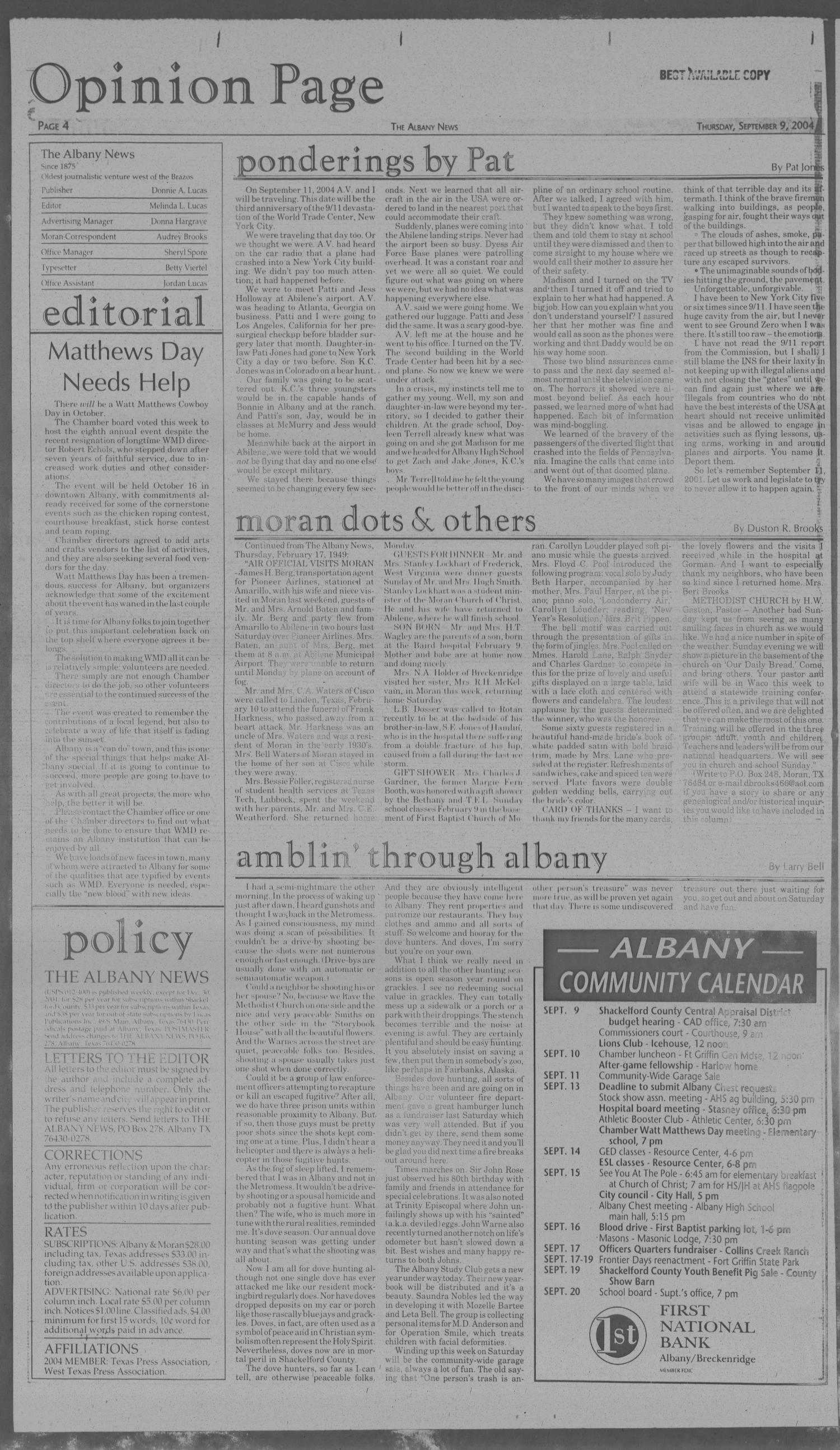 The Albany News (Albany, Tex.), Vol. 129, No. 15, Ed. 1 Thursday, September 9, 2004
                                                
                                                    [Sequence #]: 4 of 12
                                                