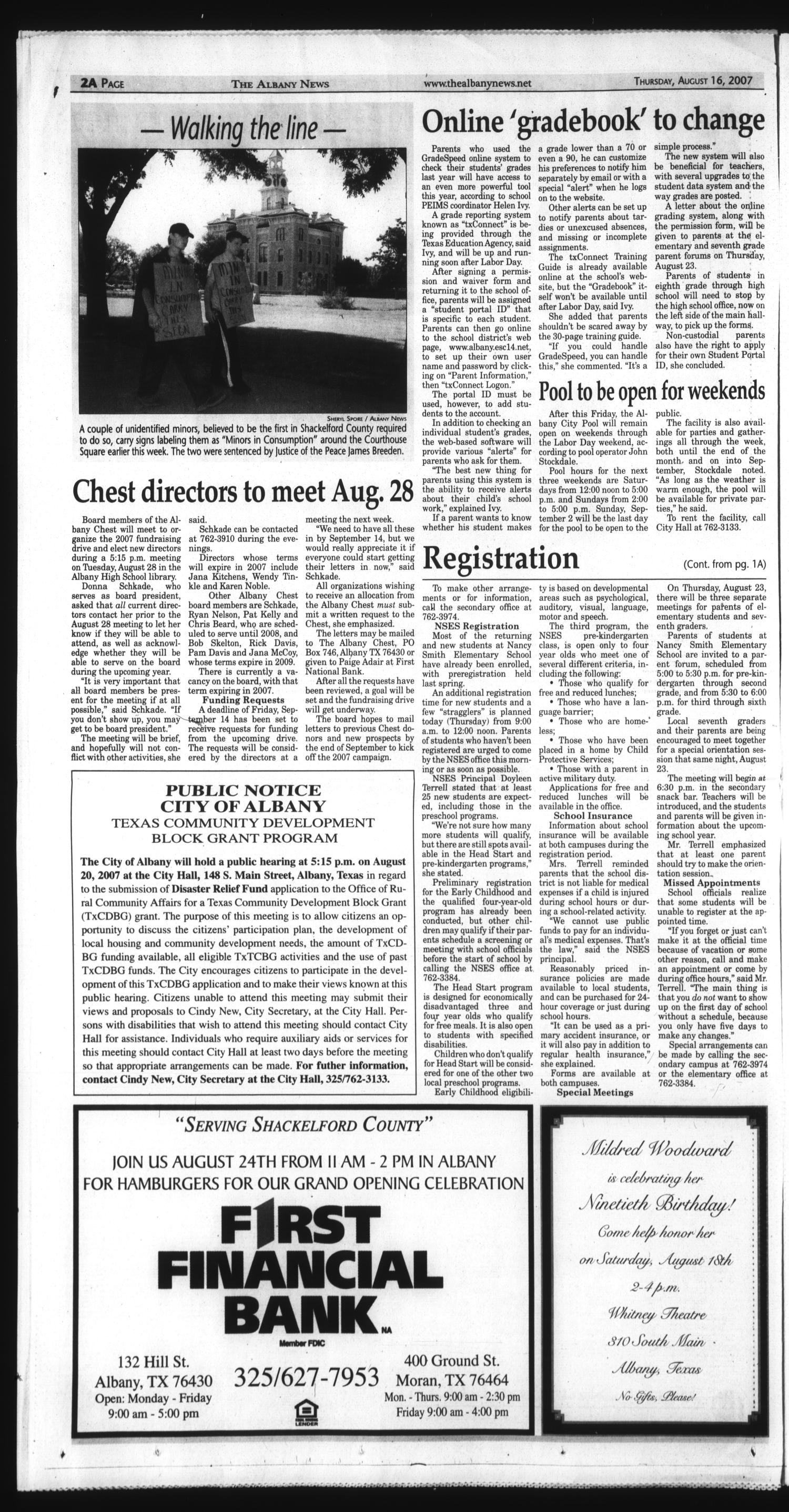 The Albany News (Albany, Tex.), Vol. 132, No. 12, Ed. 1 Thursday, August 16, 2007
                                                
                                                    [Sequence #]: 2 of 14
                                                