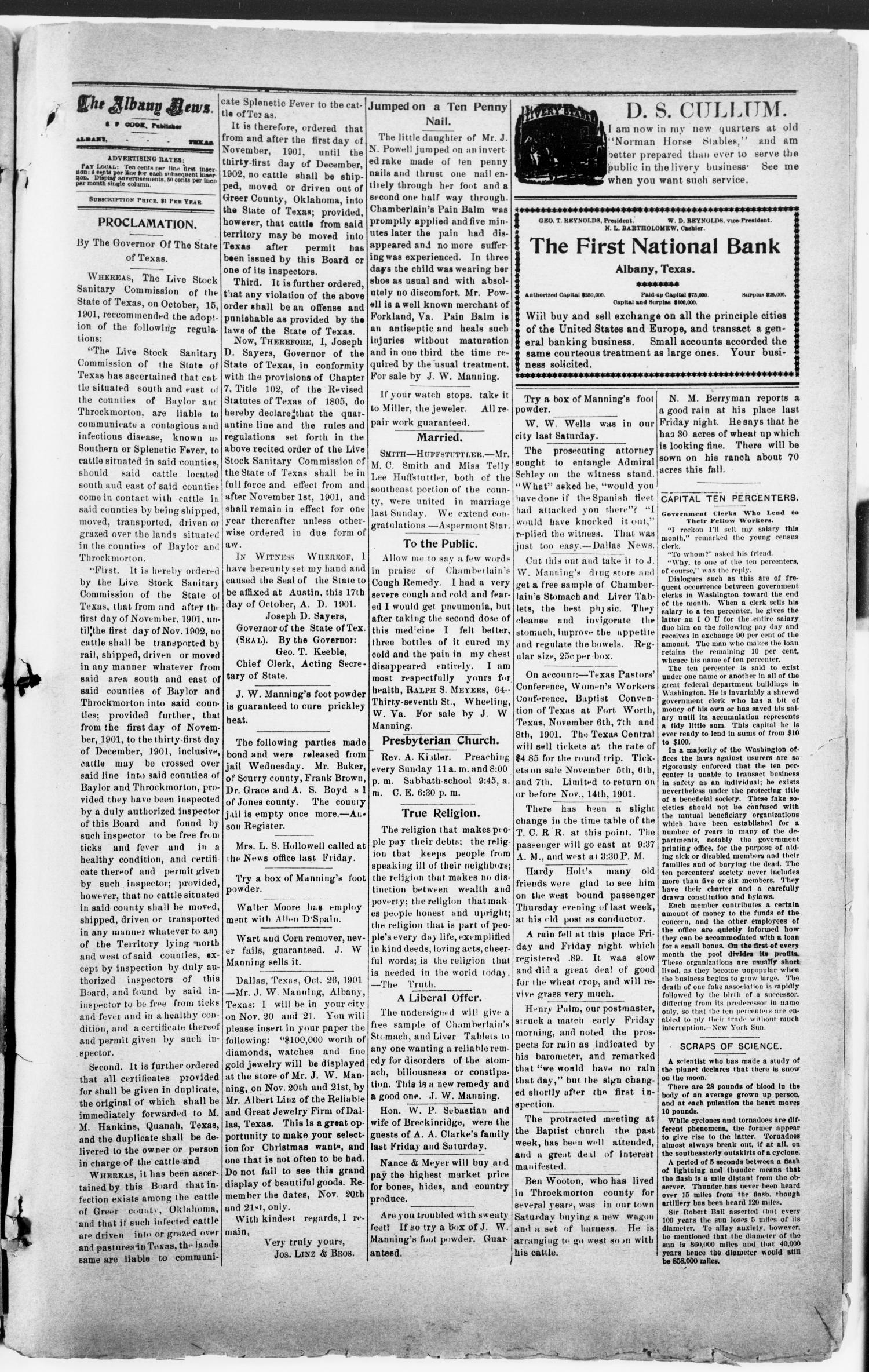 The Albany News. (Albany, Tex.), Vol. 18, No. 25, Ed. 1 Friday, November 8, 1901
                                                
                                                    [Sequence #]: 8 of 9
                                                