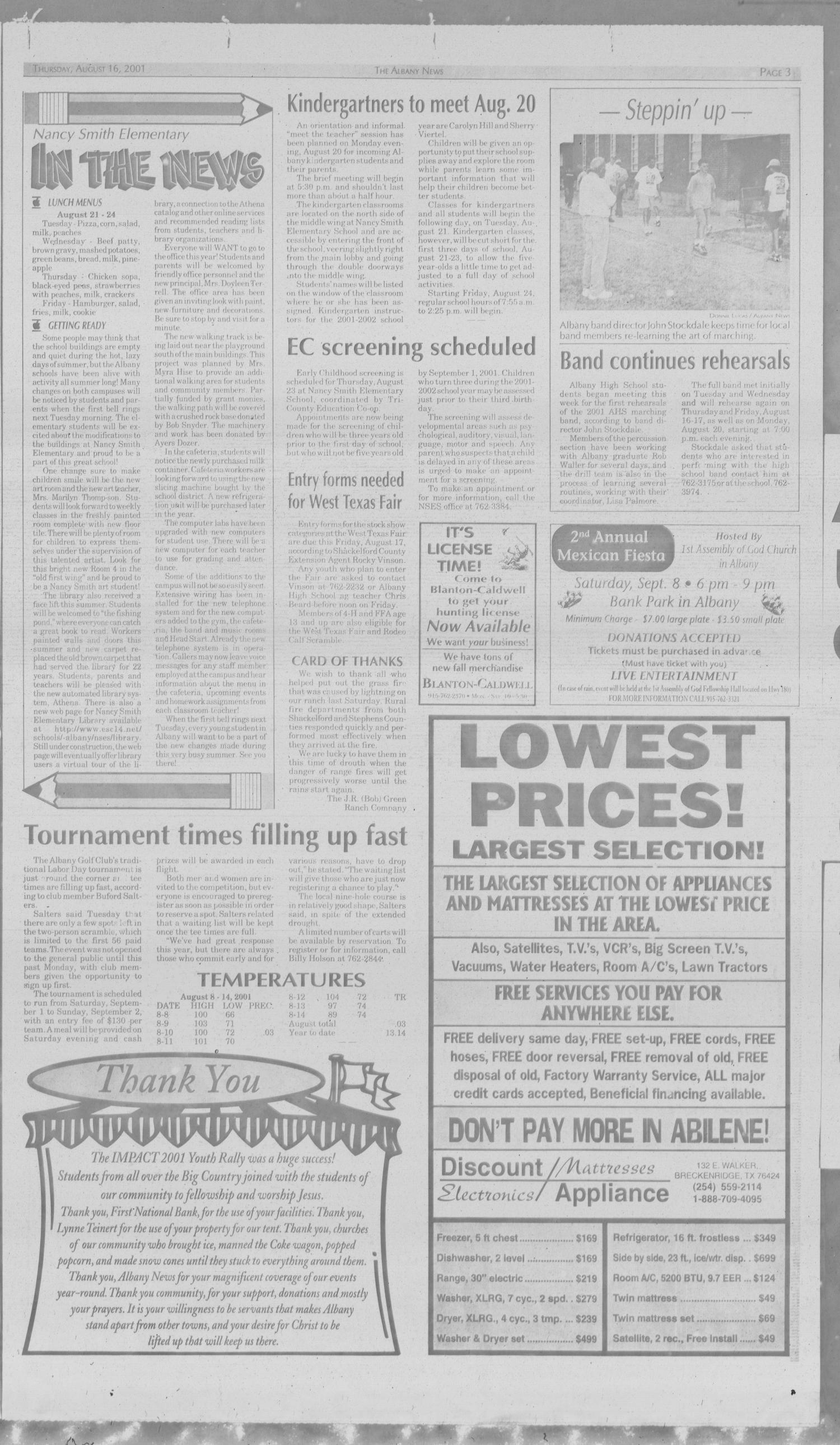 The Albany News (Albany, Tex.), Vol. 126, No. 12, Ed. 1 Thursday, August 16, 2001
                                                
                                                    [Sequence #]: 3 of 10
                                                