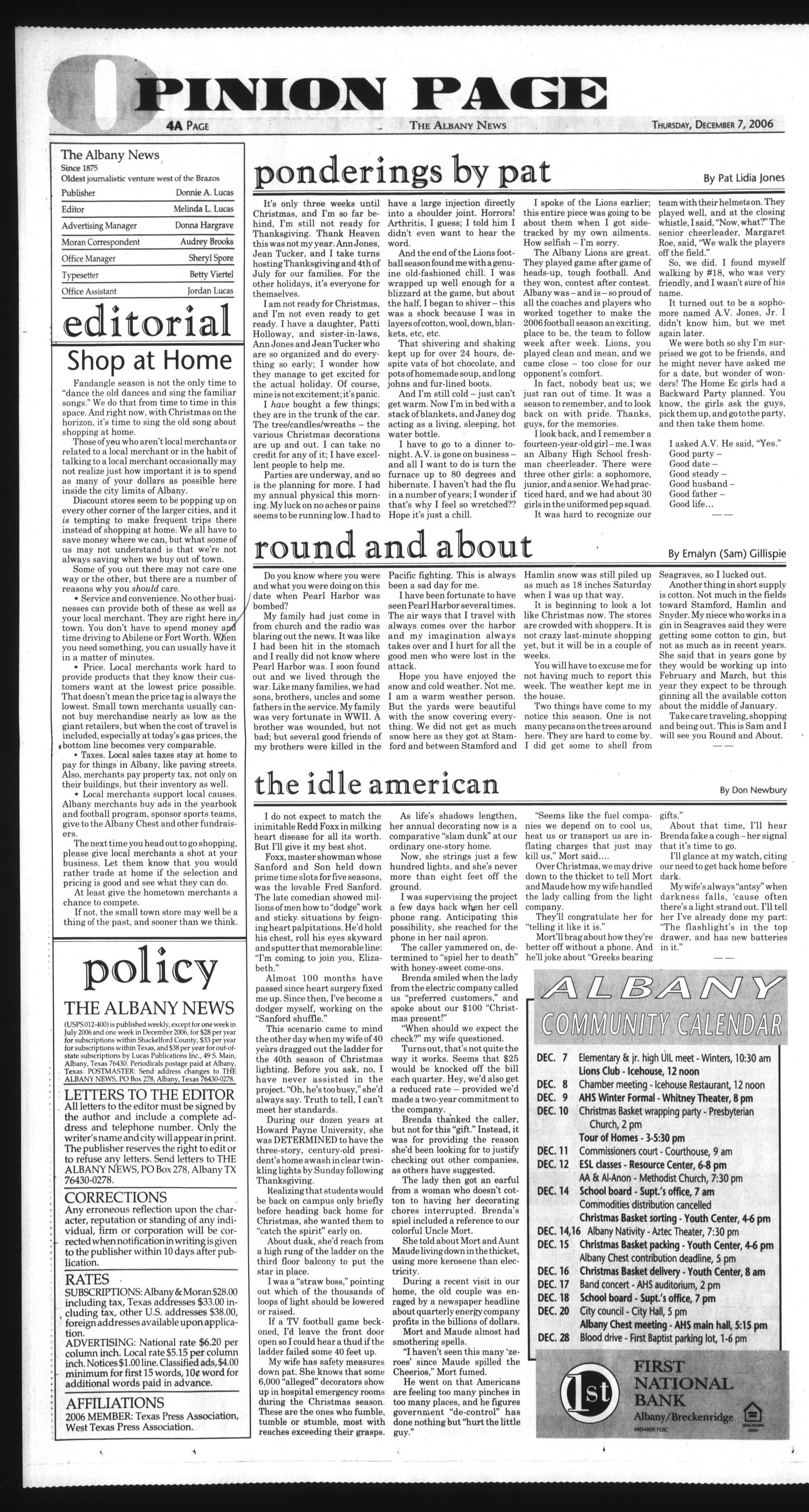 The Albany News (Albany, Tex.), Vol. 131, No. 28, Ed. 1 Thursday, December 7, 2006
                                                
                                                    [Sequence #]: 4 of 14
                                                