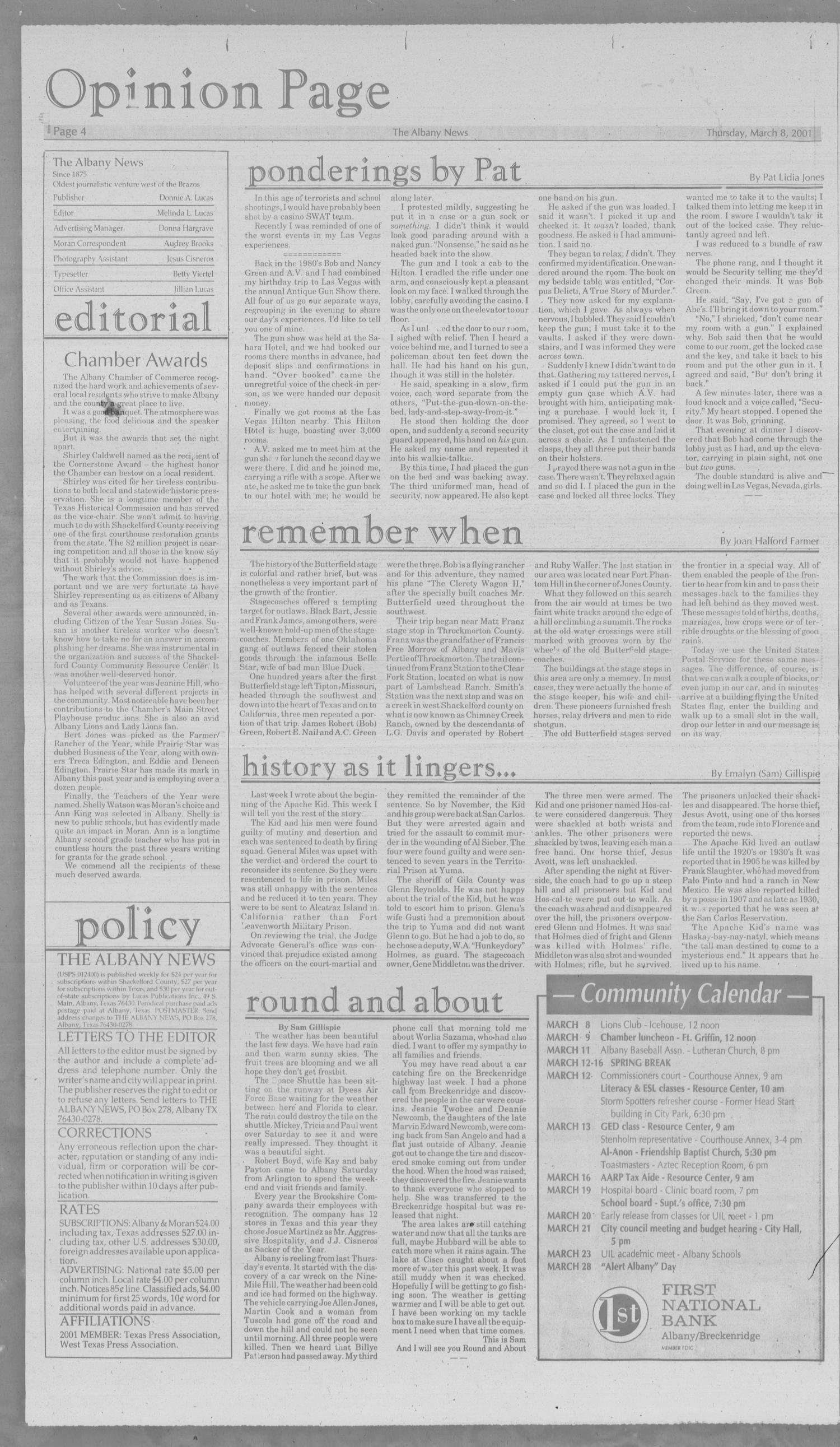 The Albany News (Albany, Tex.), Vol. 125, No. 41, Ed. 1 Thursday, March 8, 2001
                                                
                                                    [Sequence #]: 4 of 9
                                                