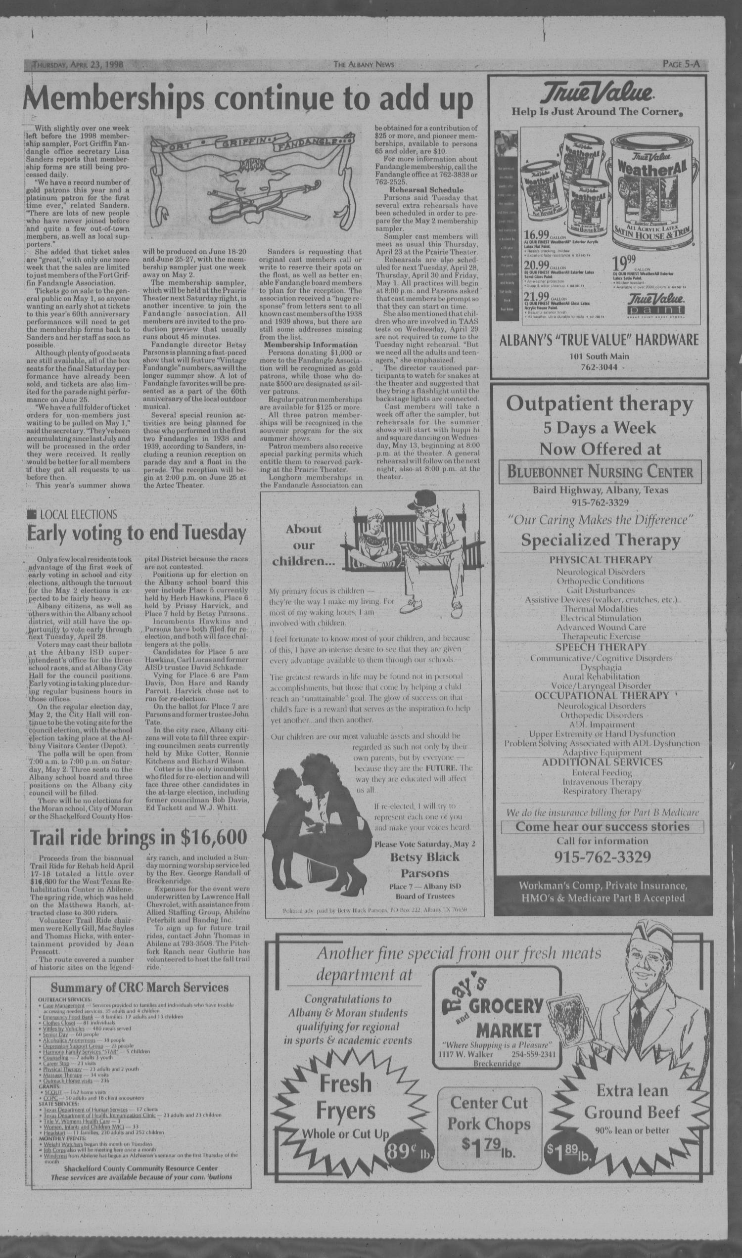 The Albany News (Albany, Tex.), Vol. 122, No. 47, Ed. 1 Thursday, April 23, 1998
                                                
                                                    [Sequence #]: 5 of 16
                                                