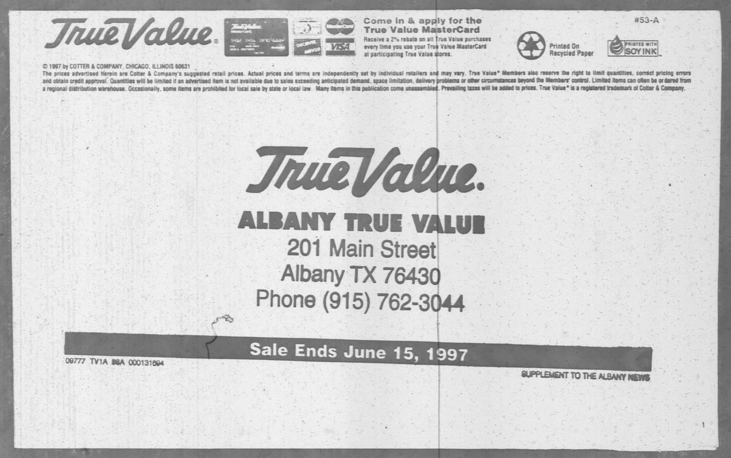 The Albany News (Albany, Tex.), Vol. 122, No. 1, Ed. 1 Thursday, June 5, 1997
                                                
                                                    [Sequence #]: 66 of 66
                                                