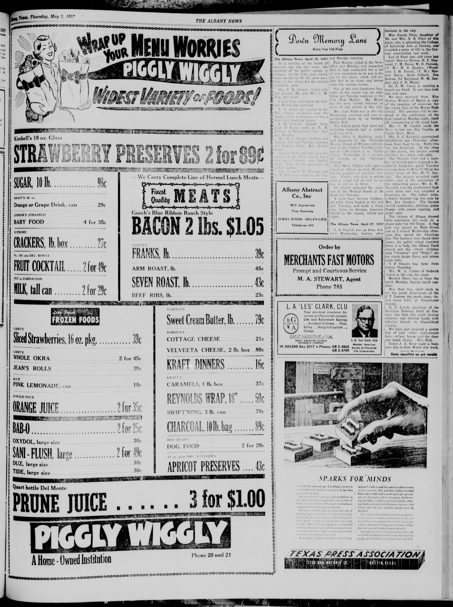 The Albany News (Albany, Tex.), Vol. 73, No. 34, Ed. 1 Thursday, May 2, 1957
                                                
                                                    [Sequence #]: 3 of 8
                                                