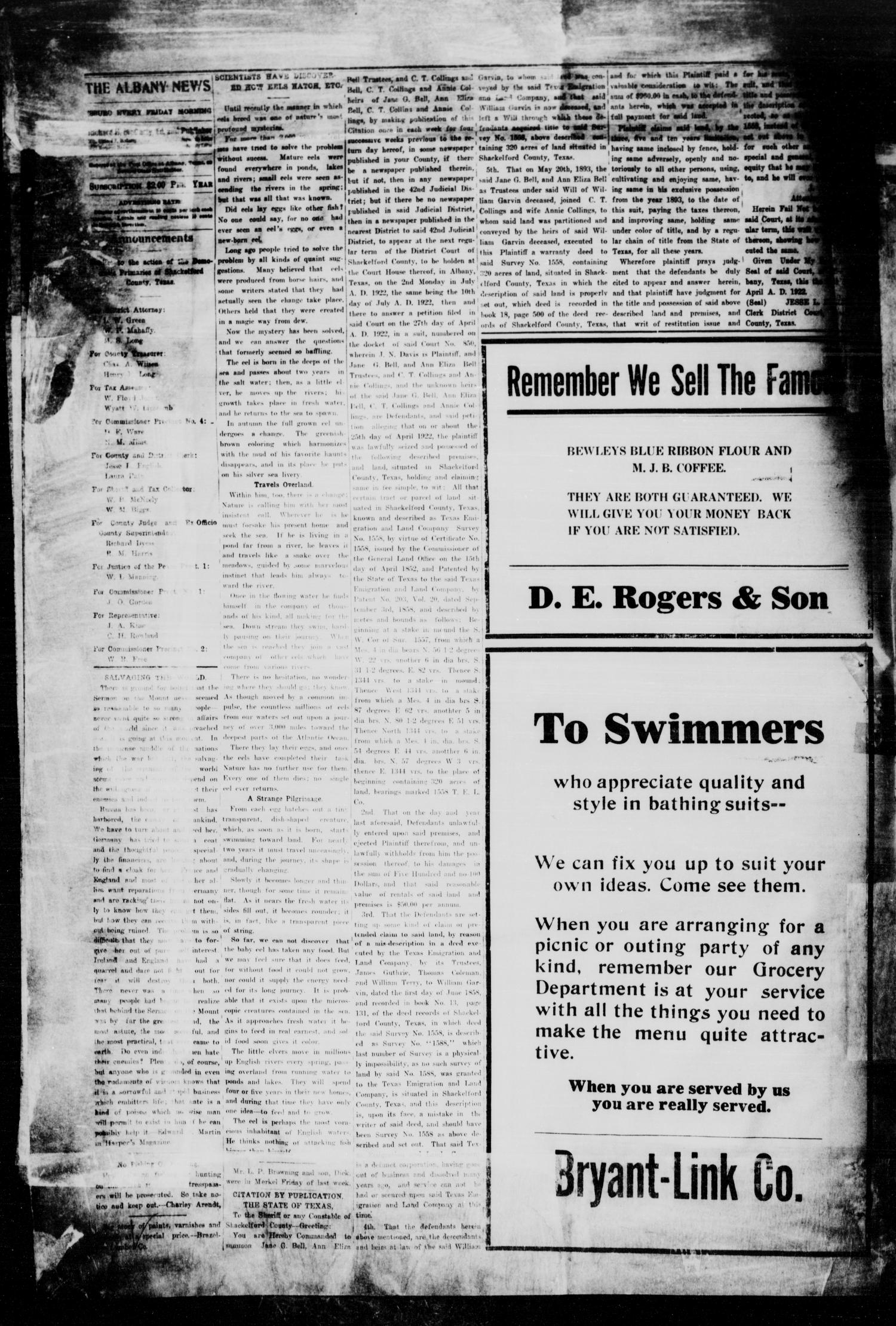 The Albany News (Albany, Tex.), Vol. 38, No. 52, Ed. 1 Friday, June 30, 1922
                                                
                                                    [Sequence #]: 4 of 8
                                                