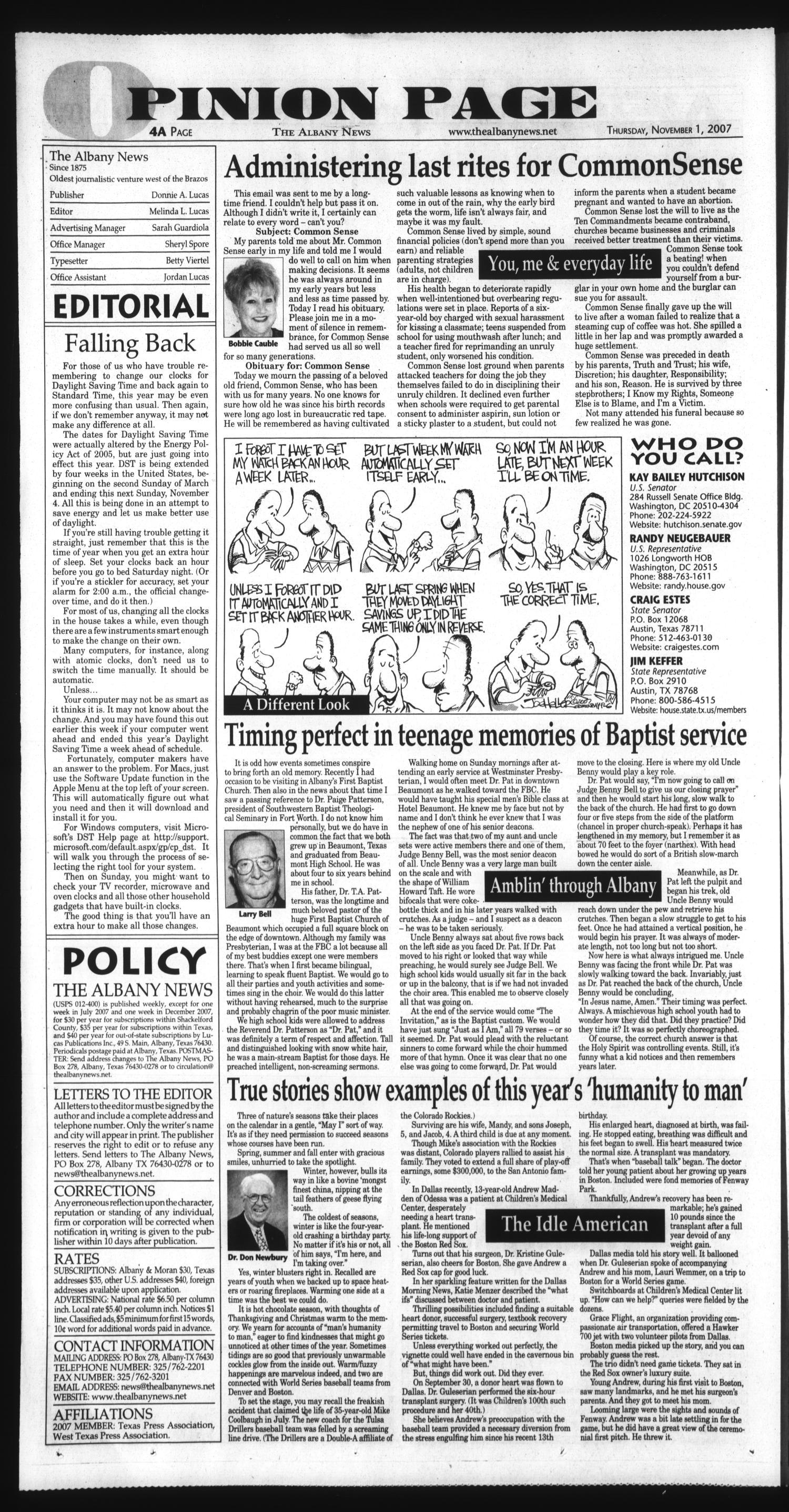 The Albany News (Albany, Tex.), Vol. 132, No. 23, Ed. 1 Thursday, November 1, 2007
                                                
                                                    [Sequence #]: 4 of 14
                                                