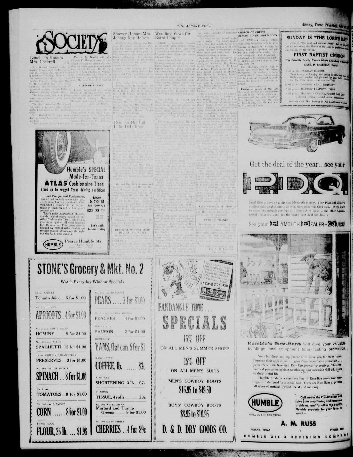 The Albany News (Albany, Tex.), Vol. 73, No. 42, Ed. 1 Thursday, June 27, 1957
                                                
                                                    [Sequence #]: 4 of 8
                                                