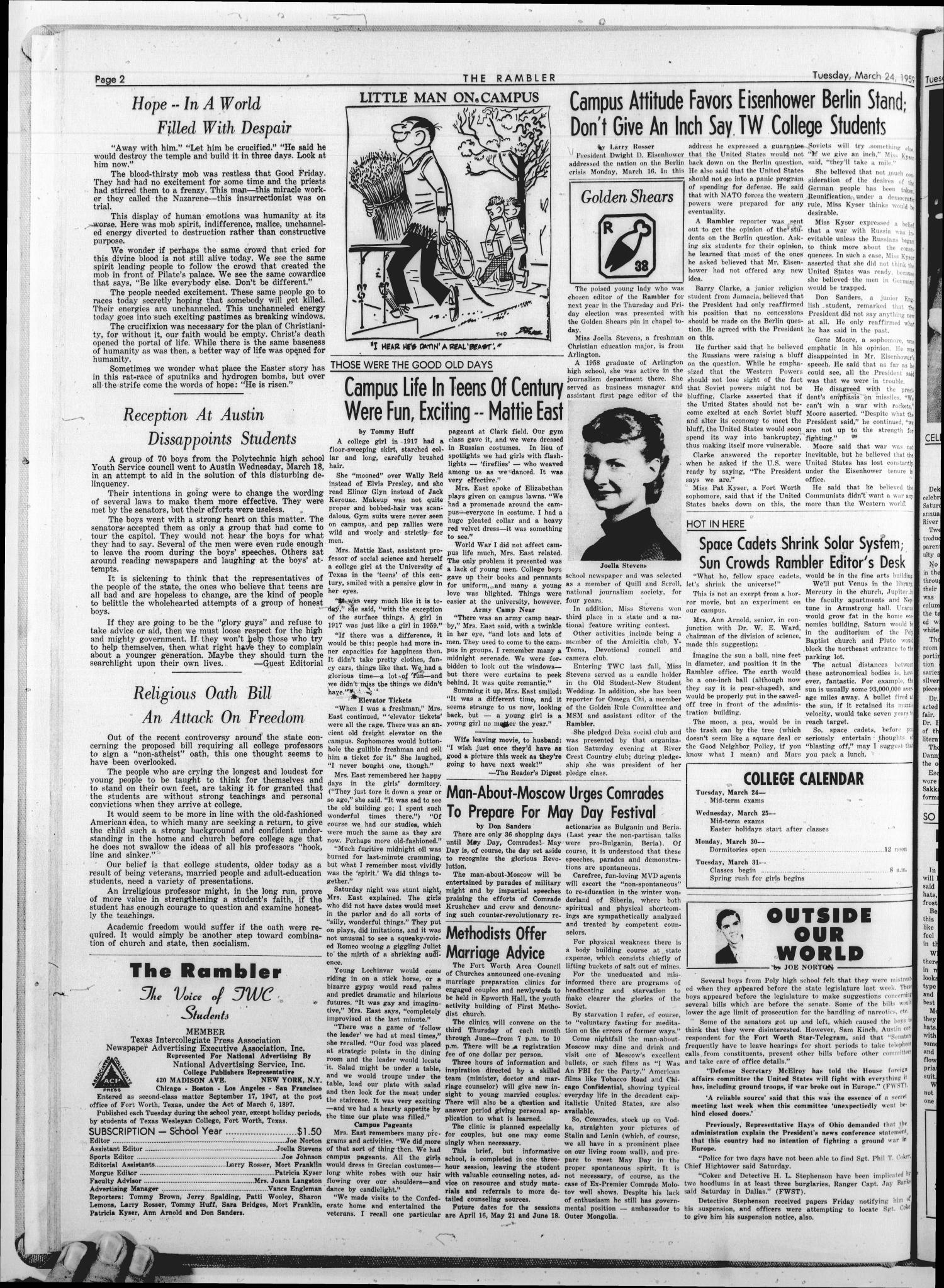 The Rambler (Fort Worth, Tex.), Vol. 31, No. 23, Ed. 1 Tuesday, March 24, 1959
                                                
                                                    [Sequence #]: 2 of 4
                                                