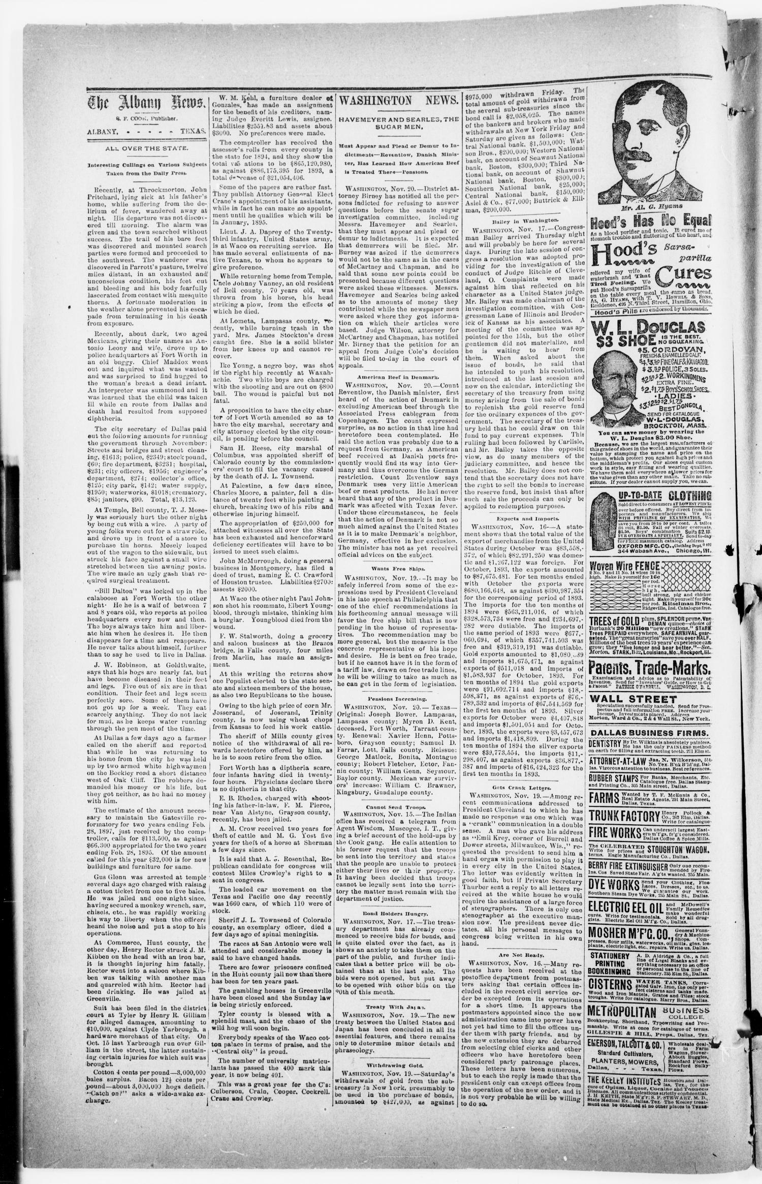 The Albany News. (Albany, Tex.), Vol. 11, No. 32, Ed. 1 Friday, November 23, 1894
                                                
                                                    [Sequence #]: 2 of 8
                                                
