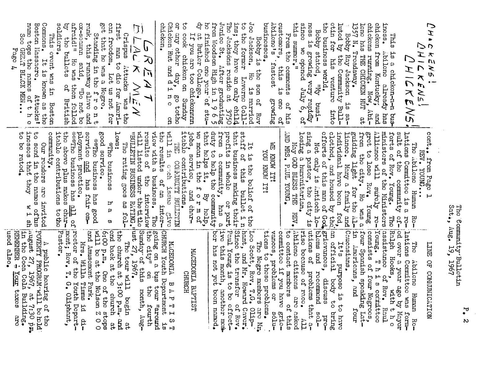 The Community Bulletin (Abilene, Texas), No. 1, Saturday, August 19, 1967
                                                
                                                    2
                                                