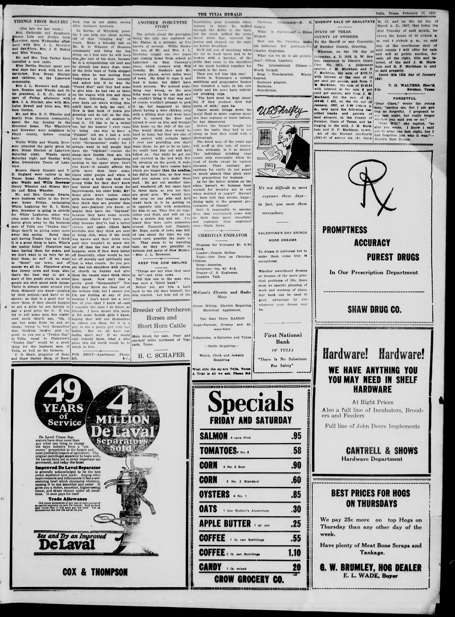 The Tulia Herald (Tulia, Tex), Vol. 18, No. 7, Ed. 1, Thursday, February 17, 1927
                                                
                                                    3
                                                