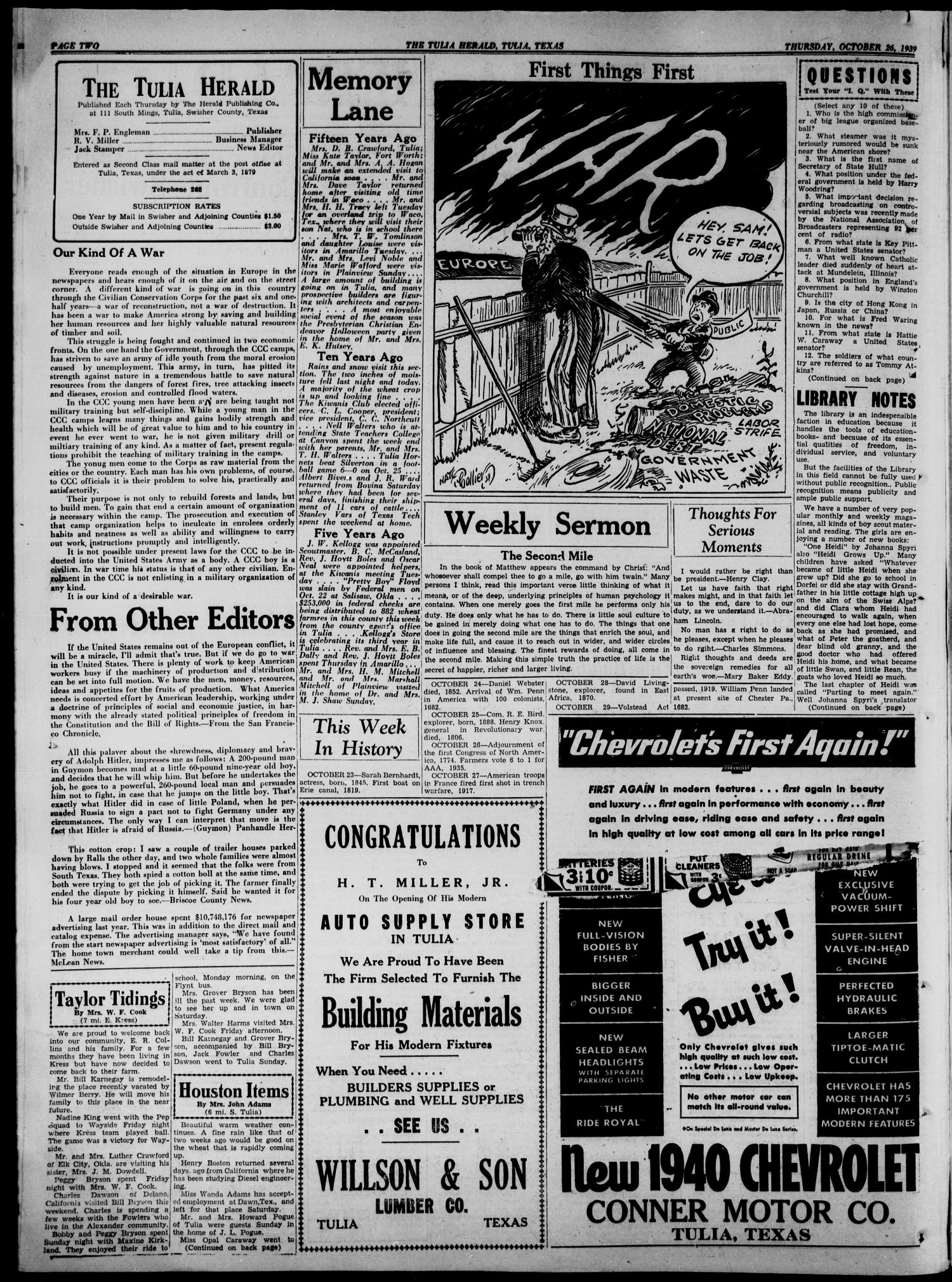 The Tulia Herald (Tulia, Tex), Vol. 30, No. 43, Ed. 1, Thursday, October 26, 1939
                                                
                                                    2
                                                