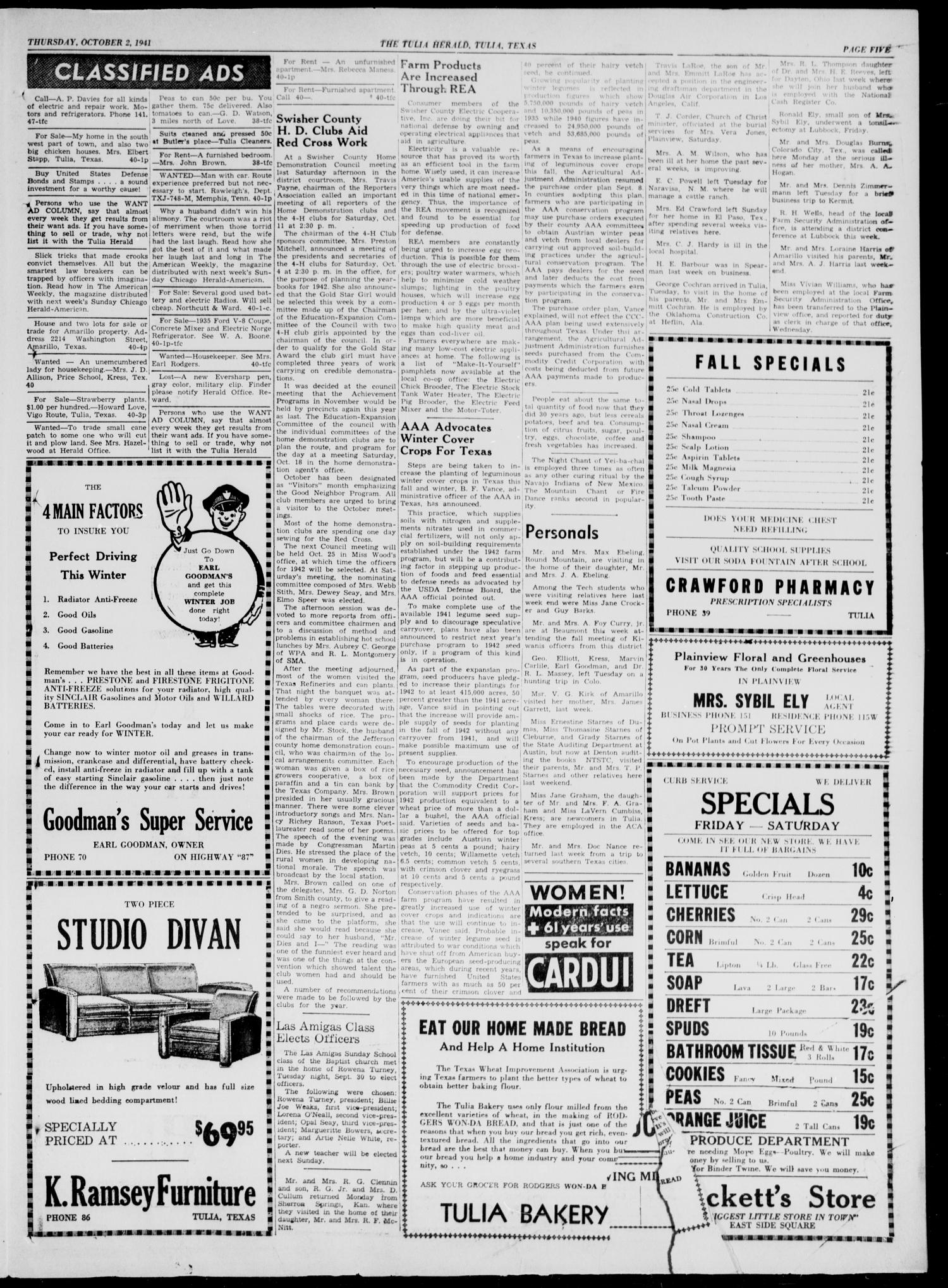 The Tulia Herald (Tulia, Tex), Vol. 32, No. 40, Ed. 1, Thursday, October 2, 1941
                                                
                                                    5
                                                