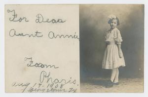 Primary view of object titled '[Postcard from Pharis Whittenberg to Annie Sharpe, August 17, 1908]'.